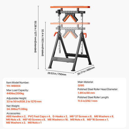 VEVOR 4-in-1 Roller Stand, 440 lb Load Capacity, 33-50 in Adjustable Height, Folding Heavy Duty with Rack & Polished Multi-directional Roller Head, for Table Saw Outfeed Woodworking Extension Support - DGZDZGTMGGJ4QQC0MV0 - view 8