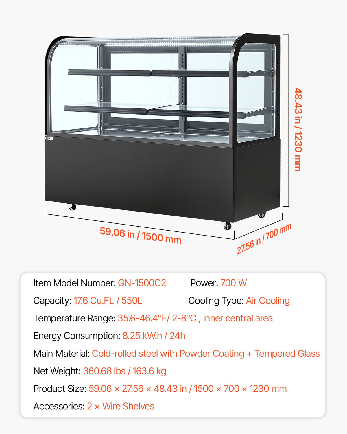 VEVOR Refrigerated Display Case, 17.6 Cu.Ft./550L Large Pastry Display Case, 2-Tier Commercial Cake Refrigerator with LED Lighting, TURBO Cooling, Frost-Free Air-Cooling, for Bakery, Dessert Shop - DGZSJ176CFTH42QDO001V1 - view 8