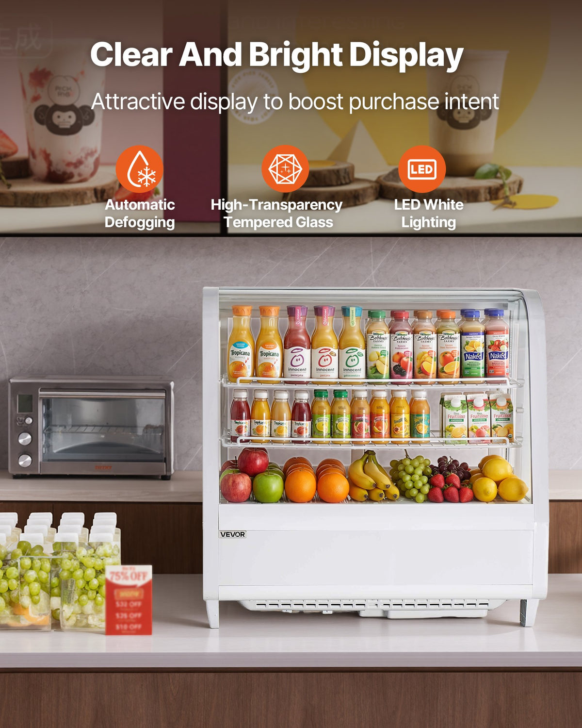 VEVOR Refrigerated Display Case, 3.5 Cu.Ft./100L Countertop Pastry Display Case, 2-Tier Commercial Cake Refrigerator with LED Lighting, TURBO Cooling, Frost-Free Air-Cooling, for Bakery, Dessert Shop - DGZSJ35CFTHXV0MPU001V1 - view 4