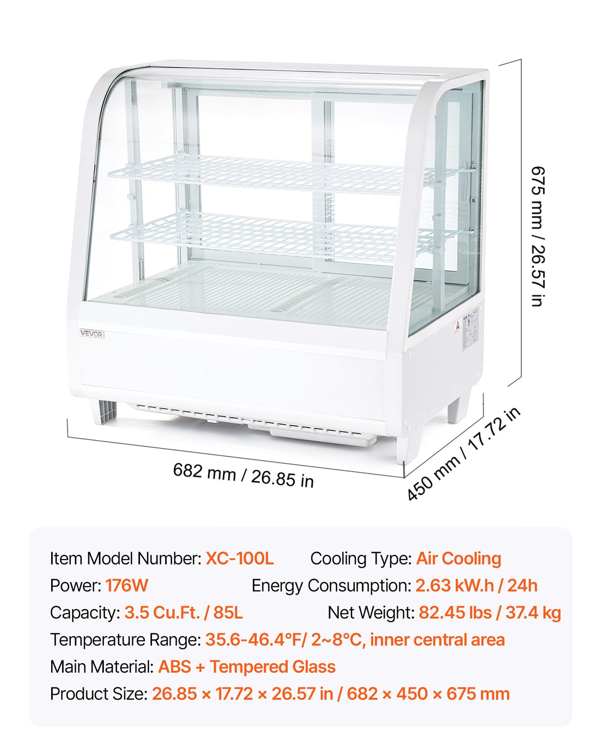 VEVOR Refrigerated Display Case, 3.5 Cu.Ft./100L Countertop Pastry Display Case, 2-Tier Commercial Cake Refrigerator with LED Lighting, TURBO Cooling, Frost-Free Air-Cooling, for Bakery, Dessert Shop - DGZSJ35CFTHXV0MPU001V1 - view 8