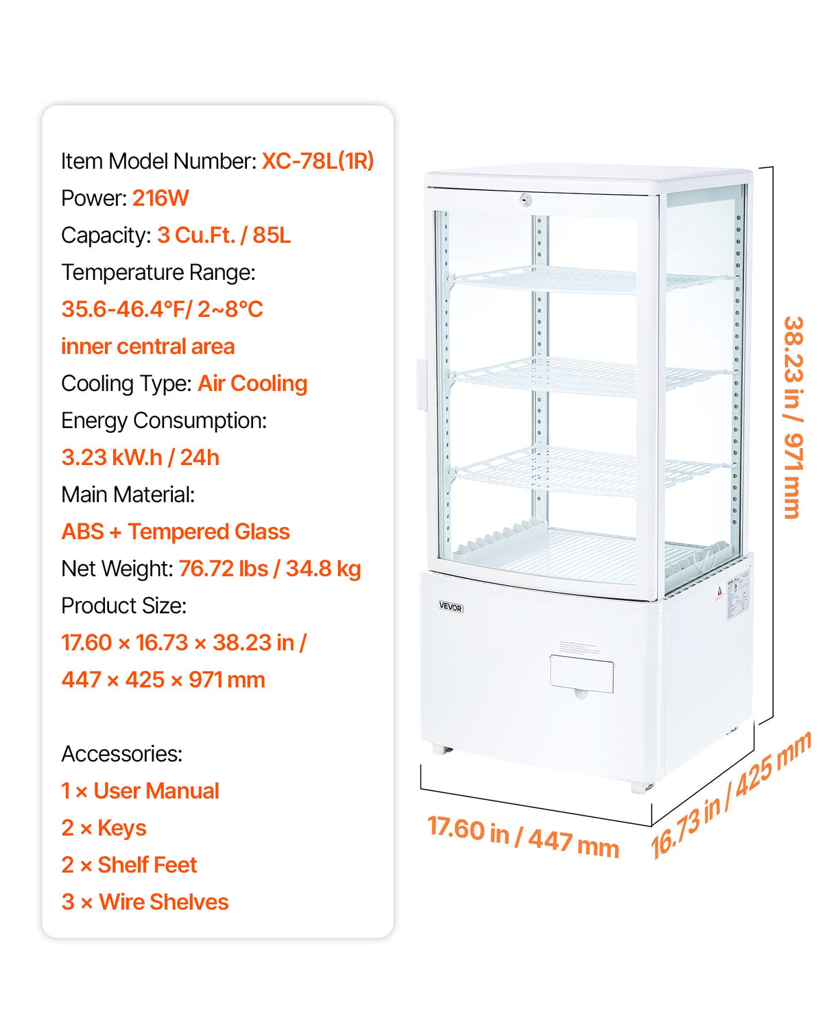 VEVOR Refrigerated Display Case, 3 Cu.Ft./85L Countertop Pastry Display Case, 3-Tier Commercial Cake Refrigerator with LED Lighting, TURBO Cooling, Frost-Free Air-Cooling, for Bakery, Dessert Shop - DGZSJ3CFTFXTSYTWG001V1 - view 8