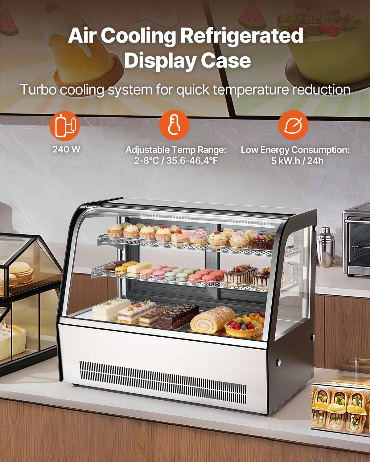 VEVOR Refrigerated Display Case, 5 Cu.Ft./145L Countertop Pastry Display Case, 2-Tier Commercial Cake Refrigerator with LED Lighting, TURBO Cooling, Frost-Free Air-Cooling, for Bakery, Dessert Shop - DGZSJ5CFTHXTLQZJD001V1 - view 3