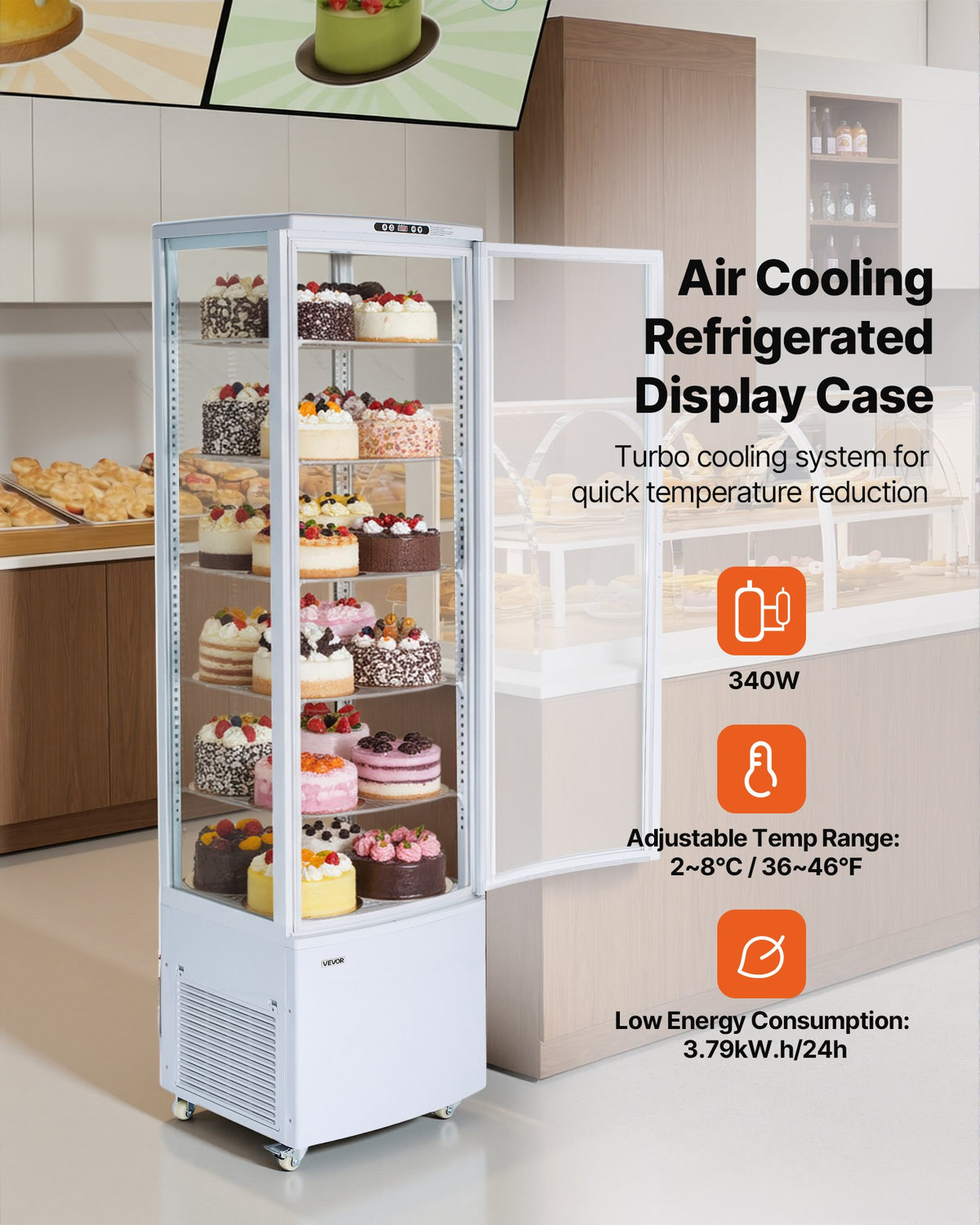 VEVOR Refrigerated Display Case, 9.8 Cu.Ft./278L Large Pastry Display Case, 5-Tier Commercial Cake Refrigerator with LED Lighting, TURBO Cooling, Frost-Free Air-Cooling, for Bakery, Dessert Shop - DGZSJ98CFTFX48JQV001V1 - view 3