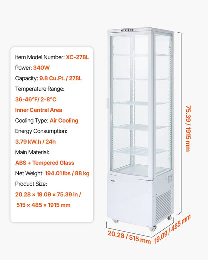 VEVOR Refrigerated Display Case, 9.8 Cu.Ft./278L Large Pastry Display Case, 5-Tier Commercial Cake Refrigerator with LED Lighting, TURBO Cooling, Frost-Free Air-Cooling, for Bakery, Dessert Shop - DGZSJ98CFTFX48JQV001V1 - view 8