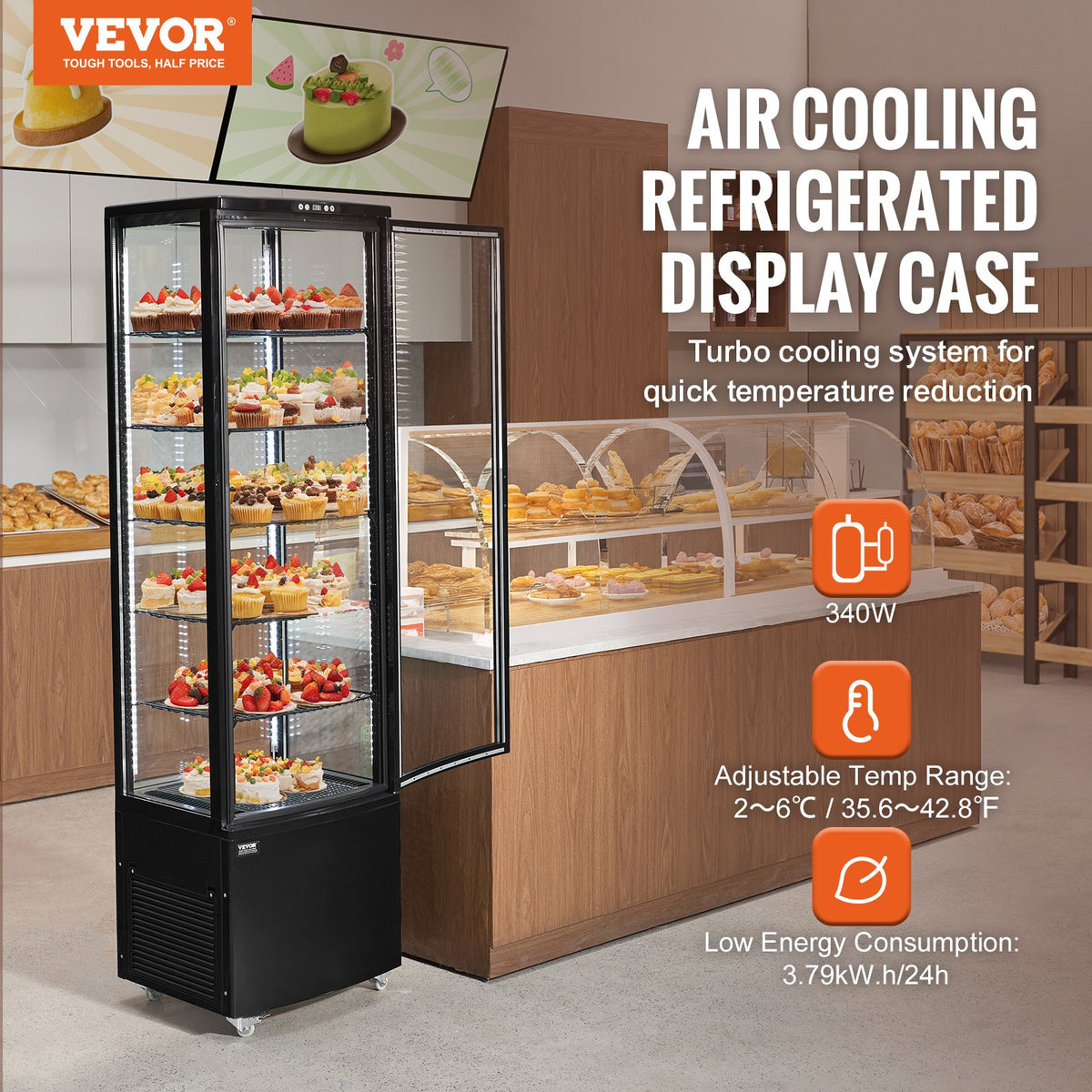 VEVOR Refrigerated Display Case, 9.8 Cu.Ft./278L Large Pastry Display Case, 5-Tier Commercial Display Refrigerator with LED Lighting, TURBO Cooling, Frost-Free Air-Cooling, for Bakery - DGZSJLDFX98CV5MZPV1 - view 3