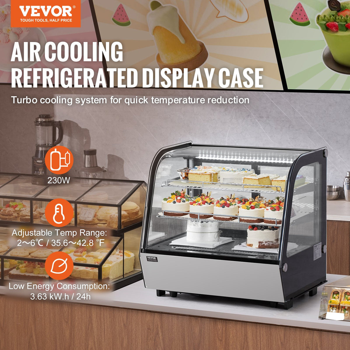 VEVOR Refrigerated Display Case, 4.2 Cu.Ft./115L Countertop Pastry Display Case, 2-Tier Commercial Display Refrigerator with LED Lighting, TURBO Cooling, Frost-Free Air-Cooling, for Bakery - DGZSJTMHX42C7I6DBV1 - view 3