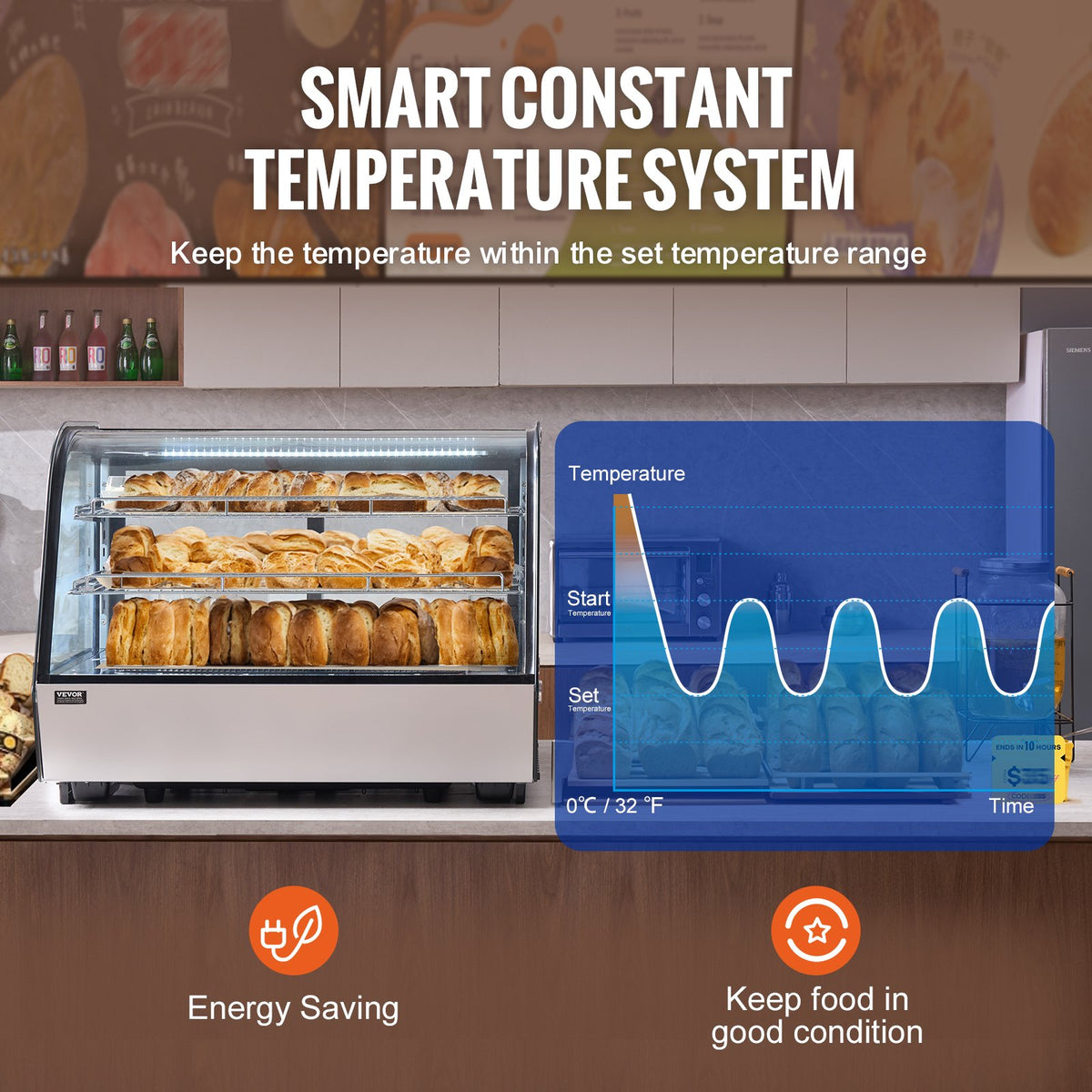 VEVOR Refrigerated Display Case, 5 Cu.Ft./146L Countertop Pastry Display Case, 2-Tier Commercial Display Refrigerator with LED Lighting, TURBO Cooling, Frost-Free Air-Cooling, for Bakery - DGZSJTMHX5CFLW41TV1 - view 5