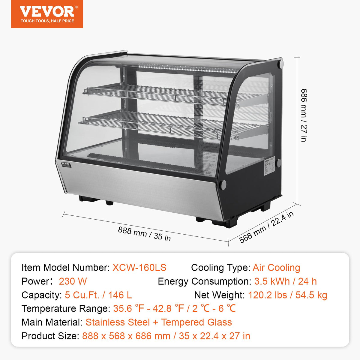 VEVOR Refrigerated Display Case, 5 Cu.Ft./146L Countertop Pastry Display Case, 2-Tier Commercial Display Refrigerator with LED Lighting, TURBO Cooling, Frost-Free Air-Cooling, for Bakery - DGZSJTMHX5CFLW41TV1 - view 8