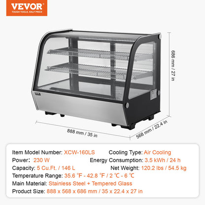 VEVOR Refrigerated Display Case, 5 Cu.Ft./146L Countertop Pastry Display Case, 2-Tier Commercial Display Refrigerator with LED Lighting, TURBO Cooling, Frost-Free Air-Cooling, for Bakery - DGZSJTMHX5CFLW41TV1 - view 8