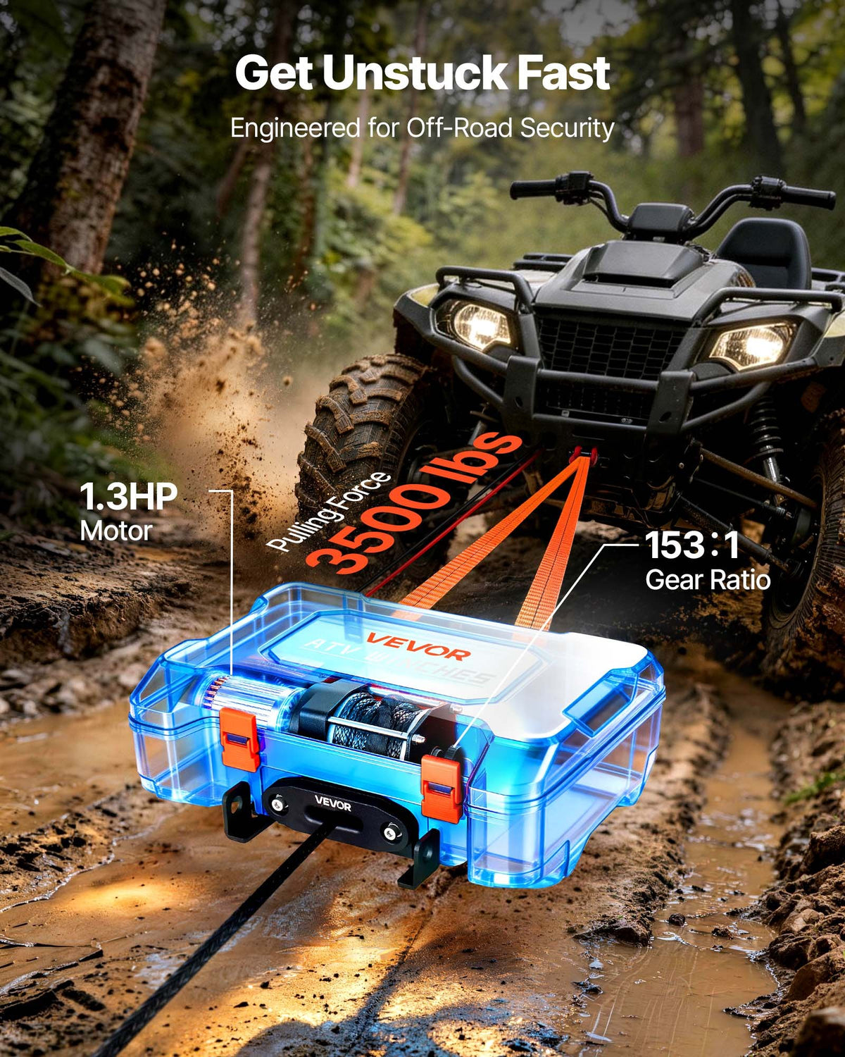 VEVOR Portable Winch, 3500 lbs 12V DC Electric Winch with Synthetic Rope, Wireless & Wired Remotes, Box-Style Recovery Kit with Fairlead, Clevis Hook, Strap for ATV UTV Off-Road Outdoor Pulling Tasks - DHBXSATVJP35II7MM001V9 - view 4