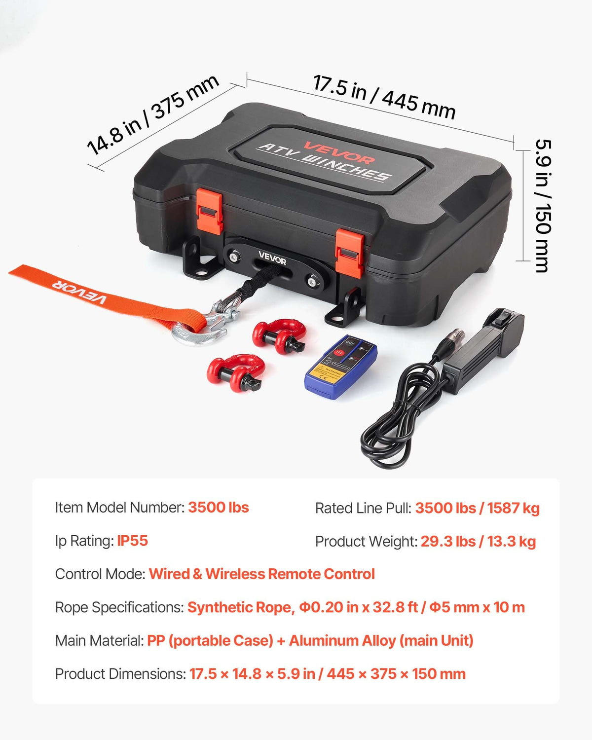 VEVOR Portable Winch, 3500 lbs 12V DC Electric Winch with Synthetic Rope, Wireless & Wired Remotes, Box-Style Recovery Kit with Fairlead, Clevis Hook, Strap for ATV UTV Off-Road Outdoor Pulling Tasks - DHBXSATVJP35II7MM001V9 - view 8