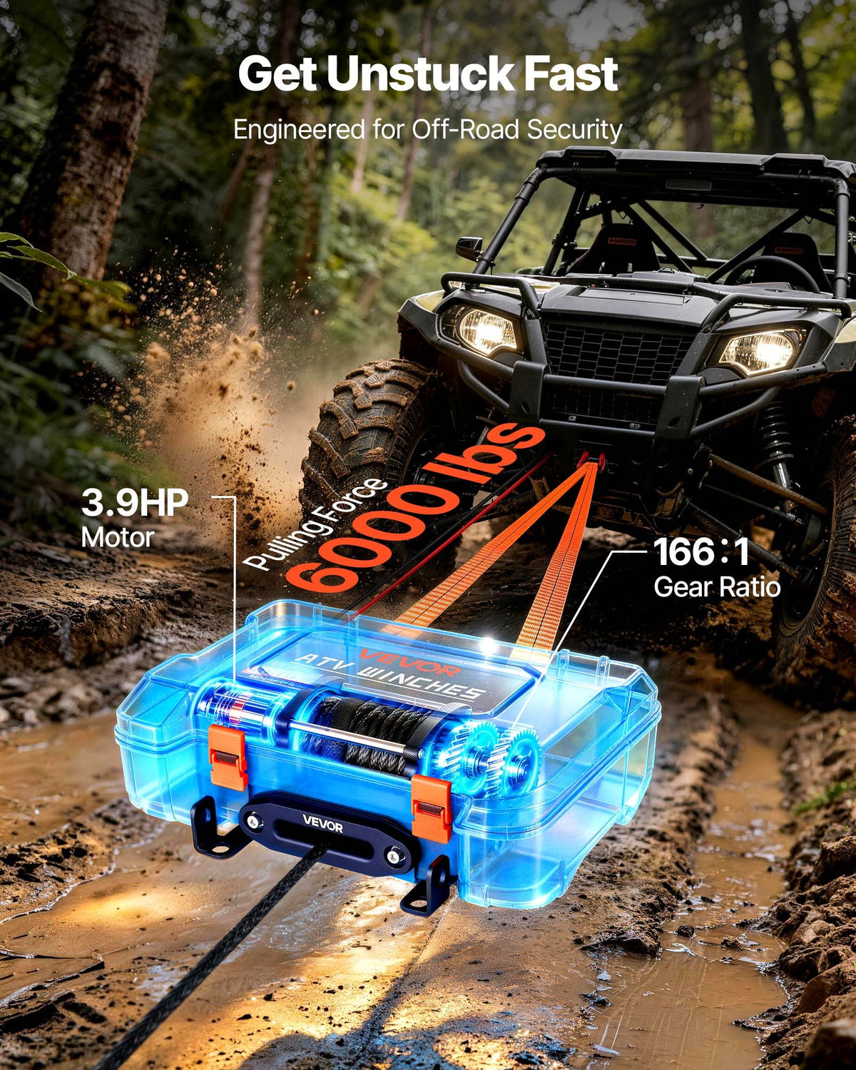 VEVOR Portable Winch, 6000 lbs 12V DC Electric Winch with Synthetic Rope, Wireless & Wired Remotes, Box-Style Recovery Kit with Fairlead, Clevis Hook, Strap for ATV UTV Off-Road Outdoor Pulling Tasks - DHBXSATVJP60ELFS9001V9 - view 4