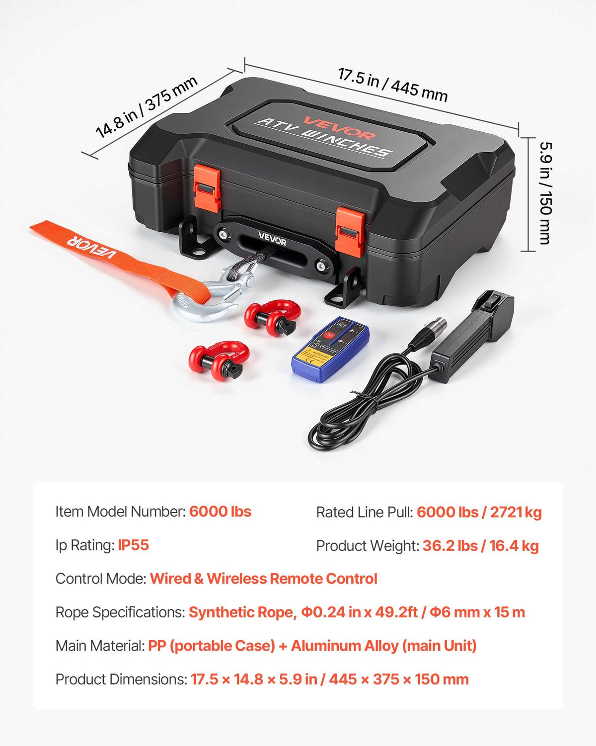 VEVOR Portable Winch, 6000 lbs 12V DC Electric Winch with Synthetic Rope, Wireless & Wired Remotes, Box-Style Recovery Kit with Fairlead, Clevis Hook, Strap for ATV UTV Off-Road Outdoor Pulling Tasks - DHBXSATVJP60ELFS9001V9 - view 8
