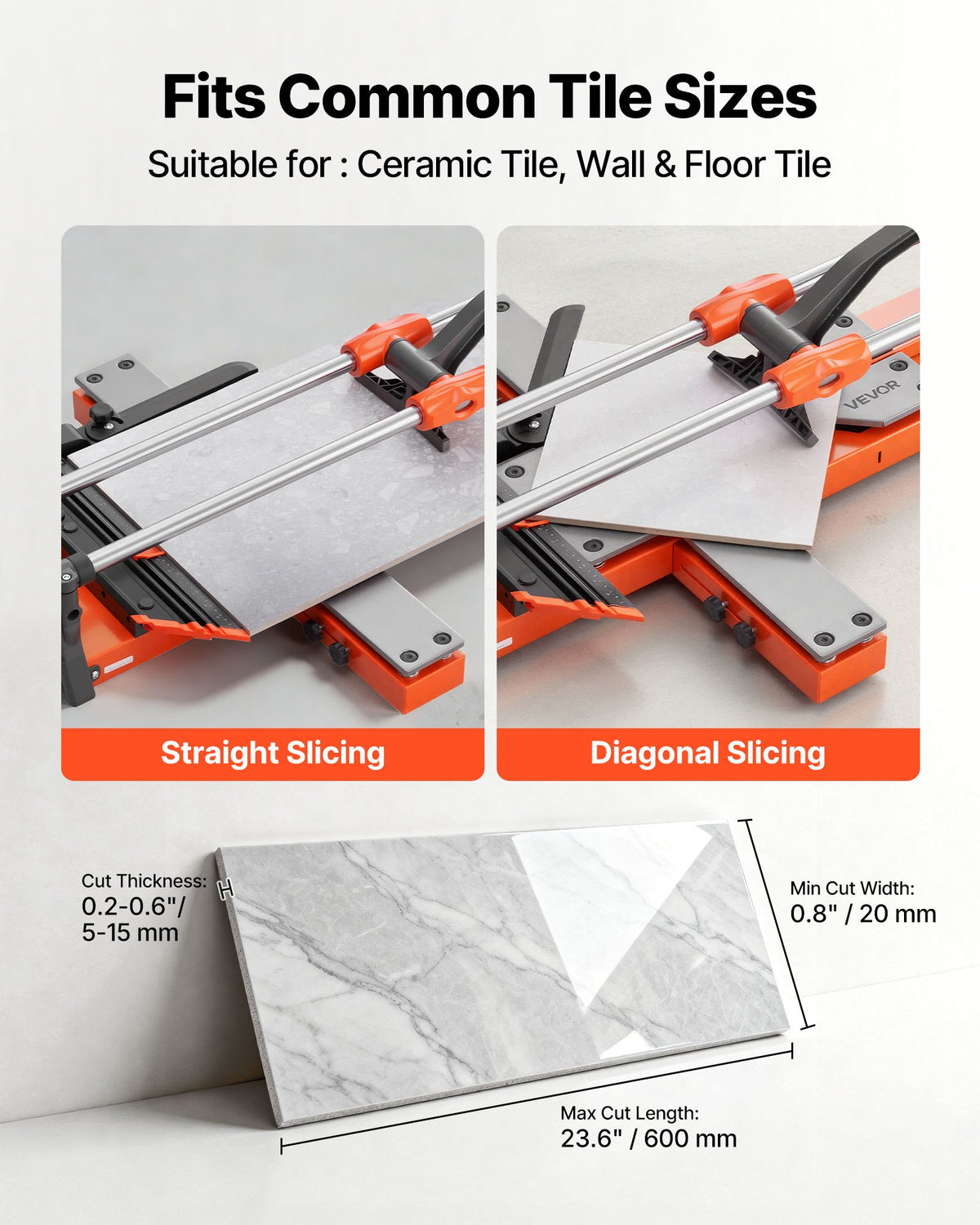 VEVOR 24-Inch Manual Tile Cutter, Upgraded Sliding Head Cutting Tool with Spring-Loaded Base, Angle Fence, Tungsten Carbide Cutting Wheel, Alignment Guide, for DIY Pros, Ceramic, Floor, Wall Tiles - DHDZHDTSJK06UFL78001V0 - view 6