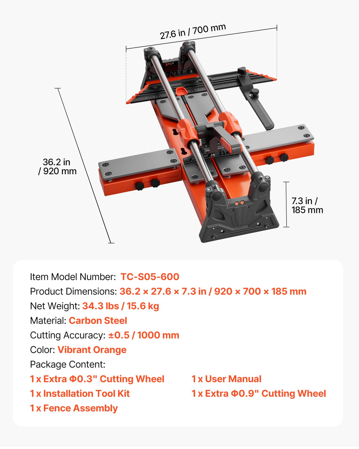 VEVOR 24-Inch Manual Tile Cutter, Upgraded Sliding Head Cutting Tool with Spring-Loaded Base, Angle Fence, Tungsten Carbide Cutting Wheel, Alignment Guide, for DIY Pros, Ceramic, Floor, Wall Tiles - DHDZHDTSJK06UFL78001V0 - view 8