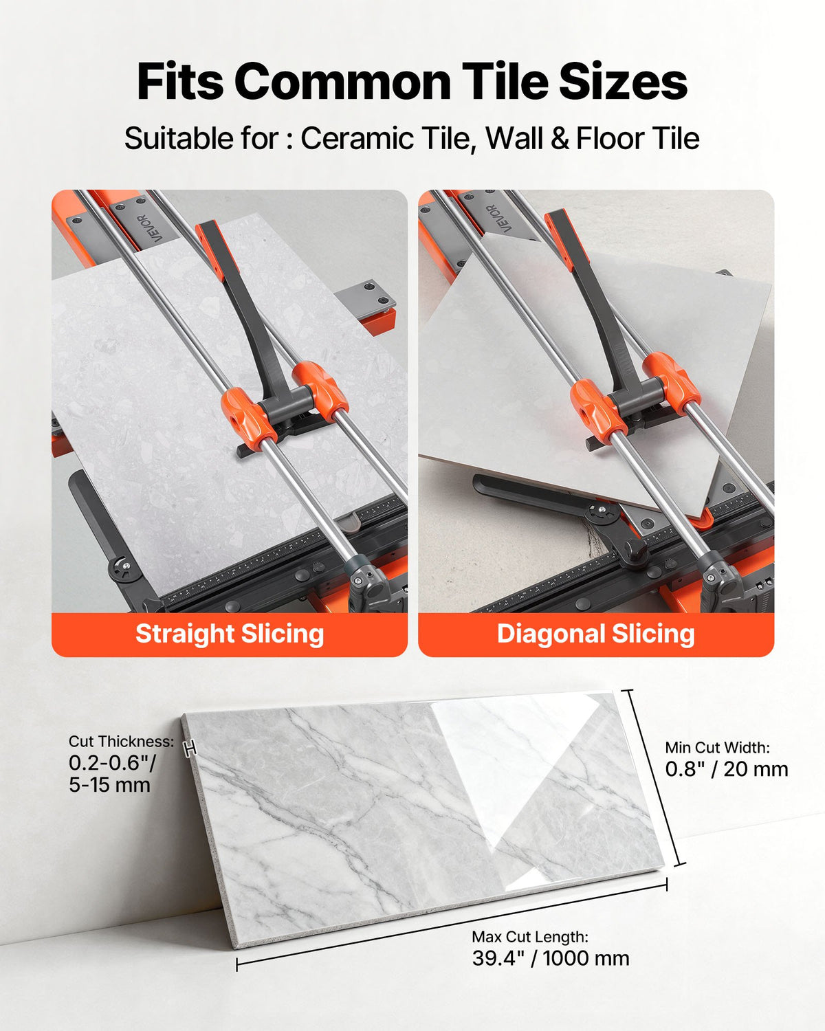 VEVOR 39.4-Inch Manual Tile Cutter, Upgraded Sliding Head Cutting Tool with Spring-Loaded Base, Angle Fence, Tungsten Carbide Cutting Wheel, Alignment Guide, for DIY Pros, Ceramic, Floor, Wall Tiles - DHDZHDTSJK1060S0L001V0 - view 6