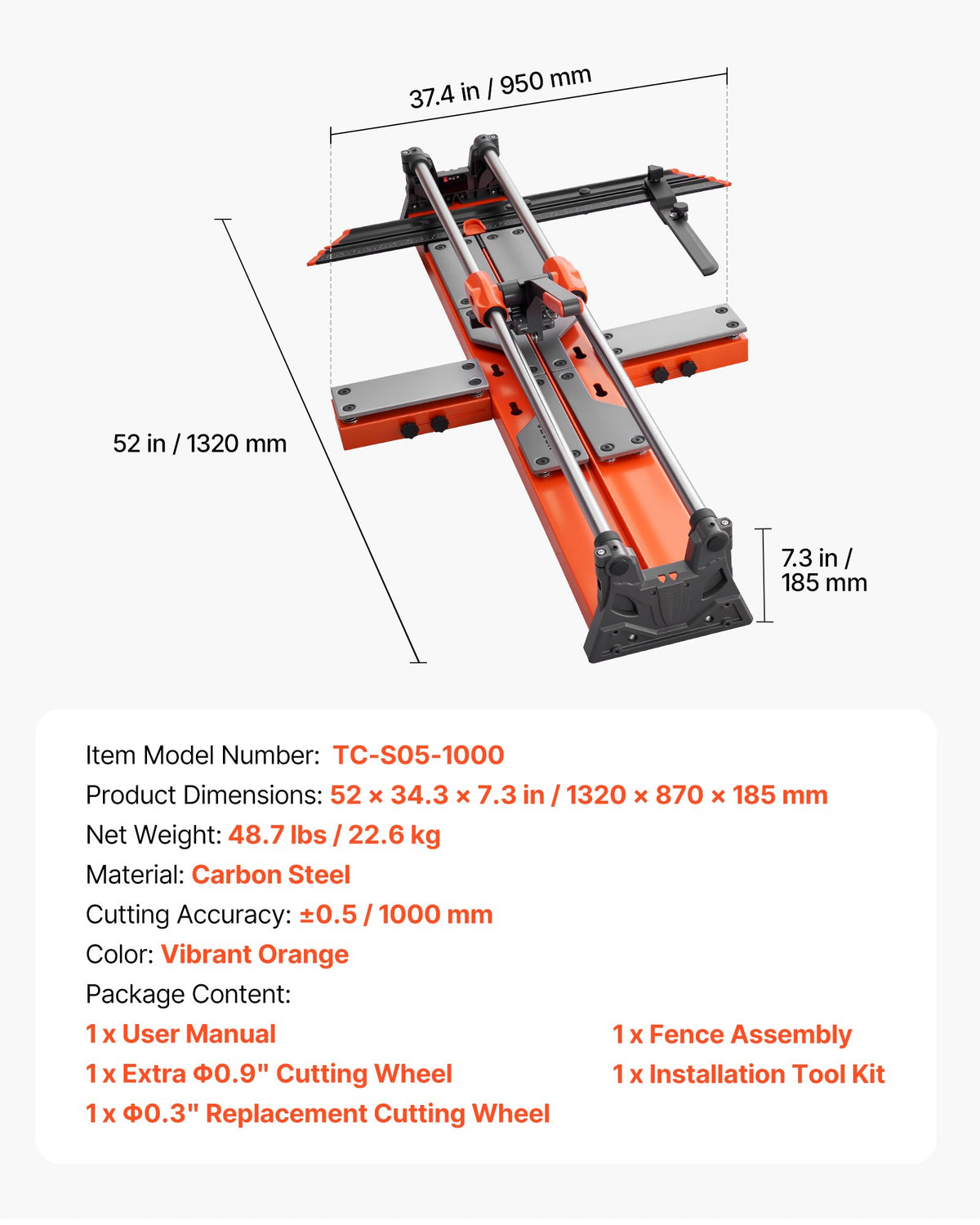 VEVOR 39.4-Inch Manual Tile Cutter, Upgraded Sliding Head Cutting Tool with Spring-Loaded Base, Angle Fence, Tungsten Carbide Cutting Wheel, Alignment Guide, for DIY Pros, Ceramic, Floor, Wall Tiles - DHDZHDTSJK1060S0L001V0 - view 8
