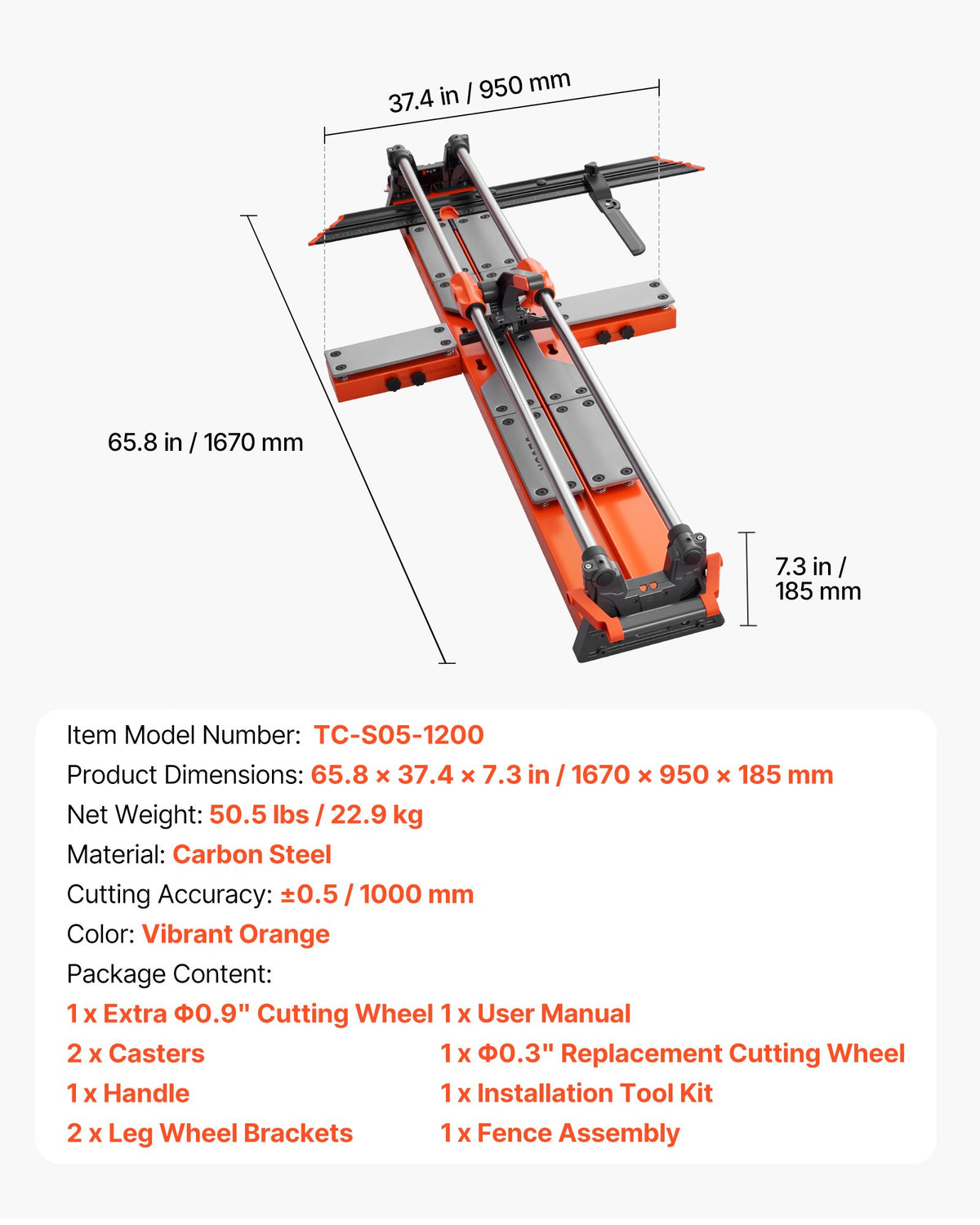 VEVOR 47.2-Inch Manual Tile Cutter, Upgraded Sliding Head Cutting Tool with Spring-Loaded Base, Angle Fence, Tungsten Carbide Cutting Wheel, Alignment Guide, for DIY Pros, Ceramic, Floor, Wall Tiles - DHDZHDTSJK12MZ2VW001V0 - view 8