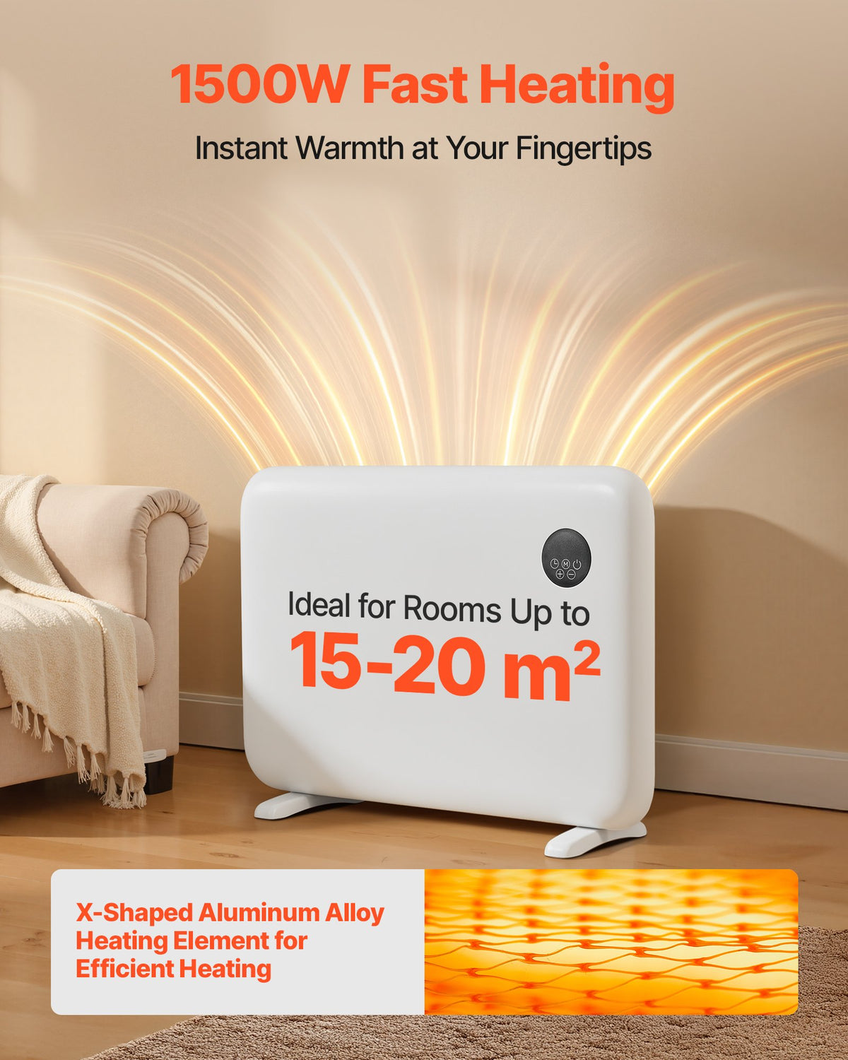 VEVOR Convection Panel Heater, 1500W Electric Panel Space Heater with Remote & Touch Control, Portable Stand or Wall Mount Design with Anti-Tipping and Overheat Protection for Home and Office, White - DHSDNQ1500WYYKH4O001V1 - view 3