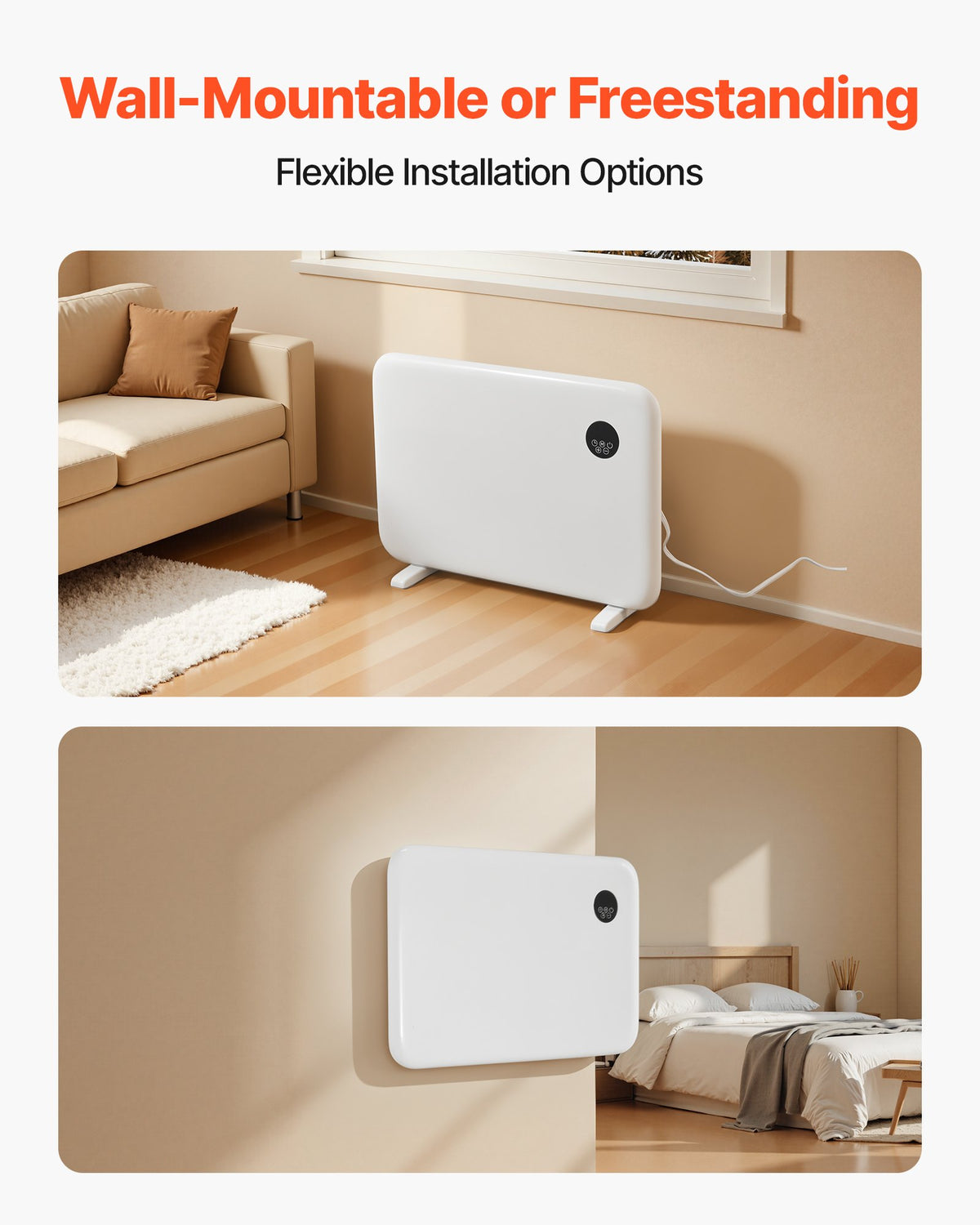 VEVOR Convection Panel Heater, 1500W Electric Panel Space Heater with Remote & Touch Control, Portable Stand or Wall Mount Design with Anti-Tipping and Overheat Protection for Home and Office, White - DHSDNQ1500WYYKH4O001V1 - view 7