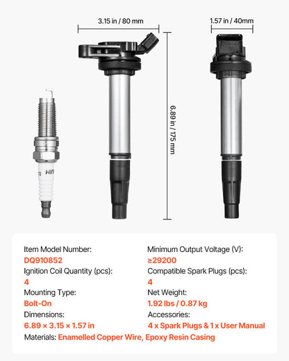 VEVOR Ignition Coil Pack and Spark Plugs, Set of 4, Compatible with Toyota Corolla Matrix Prius Prius V Scion IM xD Pontiac Vibe Lexus CT200h 1.8L L4, Replacement for UF596 UF-619 90919-02252 C1714 - DHXQZJUF596FC9O2NV9 - view 8