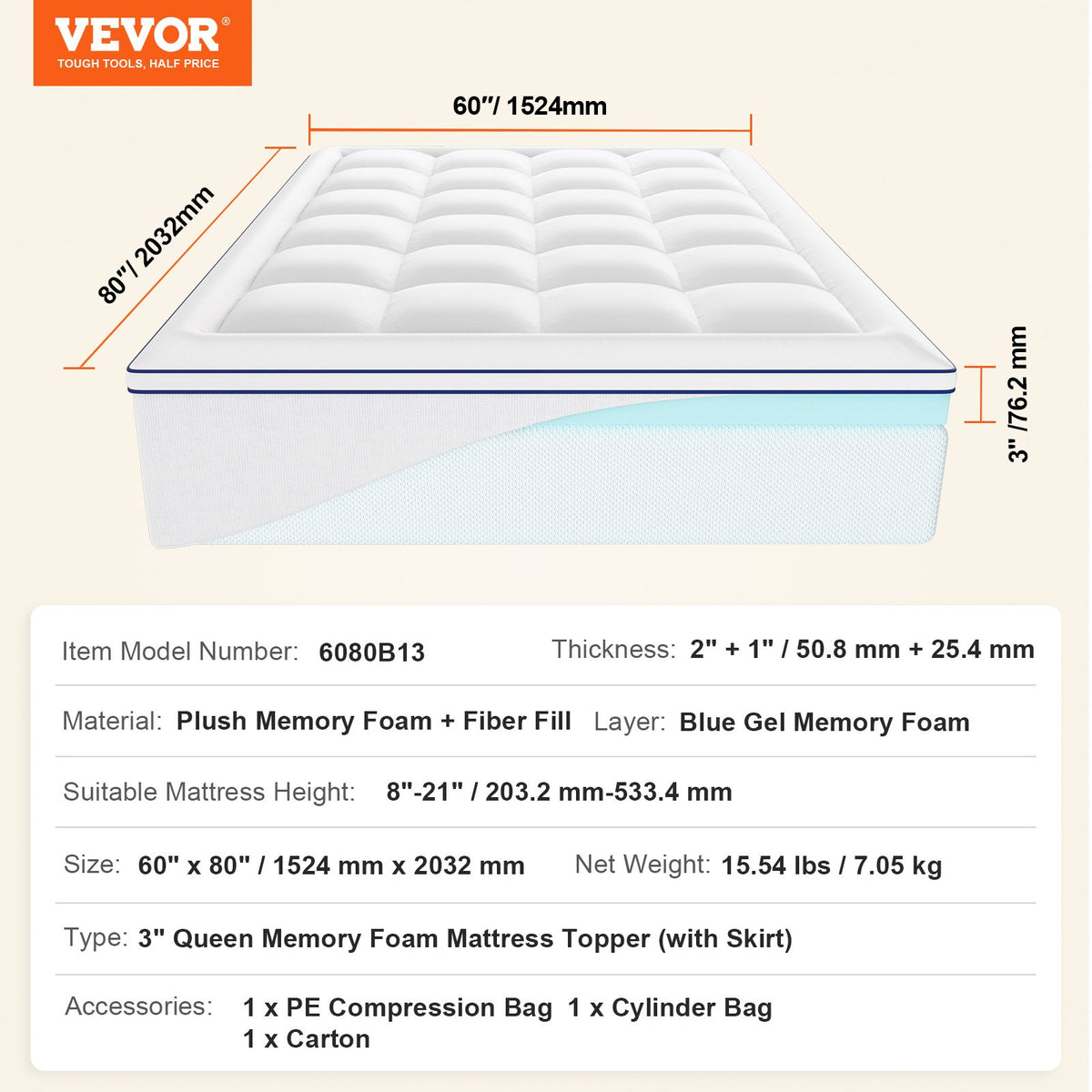 VEVOR Mattress Topper, Queen Size, 3 in Thickness, Memory Foam, Fiber Fill, Detachable & Washable Casing, Ergonomically Designed for Pressure Relief, Comfortable Cooling & Breathable, for Hot Sleepers - DHYCDZ6080INB13V8V0 - view 8