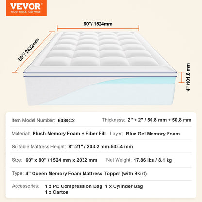 VEVOR Mattress Topper, Queen Size, 4 in Thickness, Memory Foam, Fiber Fill, Detachable & Washable, Ergonomically Designed for Pressure Relief, Comfortable Cooling & Breathable, Ideal for Hot Sleepers - DHYCDZ6080INC2P47V0 - view 8