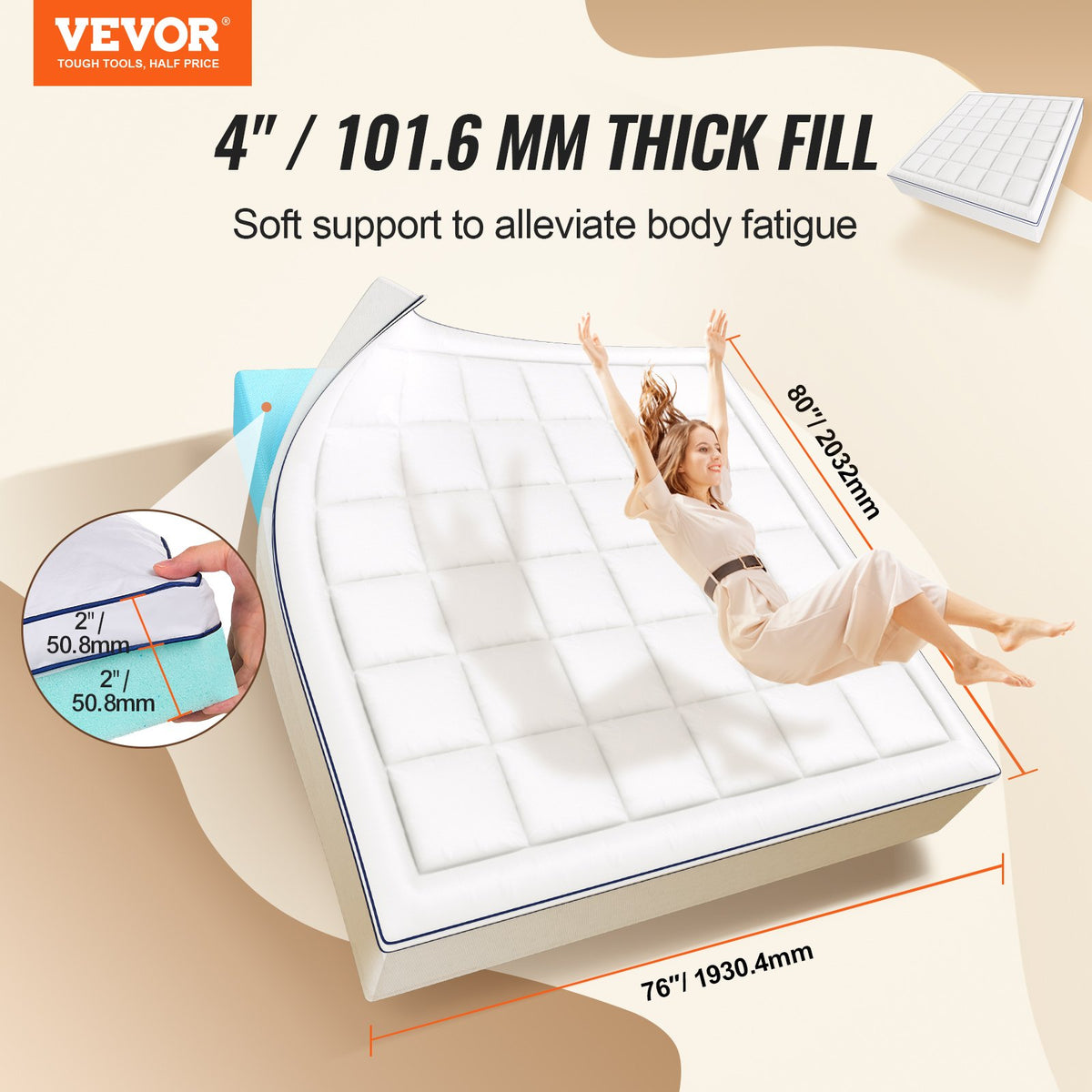 VEVOR Mattress Topper, King Size, 4 in Thickness, Memory Foam, Fiber Fill, Detachable & Washable, Ergonomically Designed for Pressure Relief, Comfortable Cooling & Breathable, Ideal for Hot Sleepers - DHYCDZ7680INM5WOQV0 - view 3