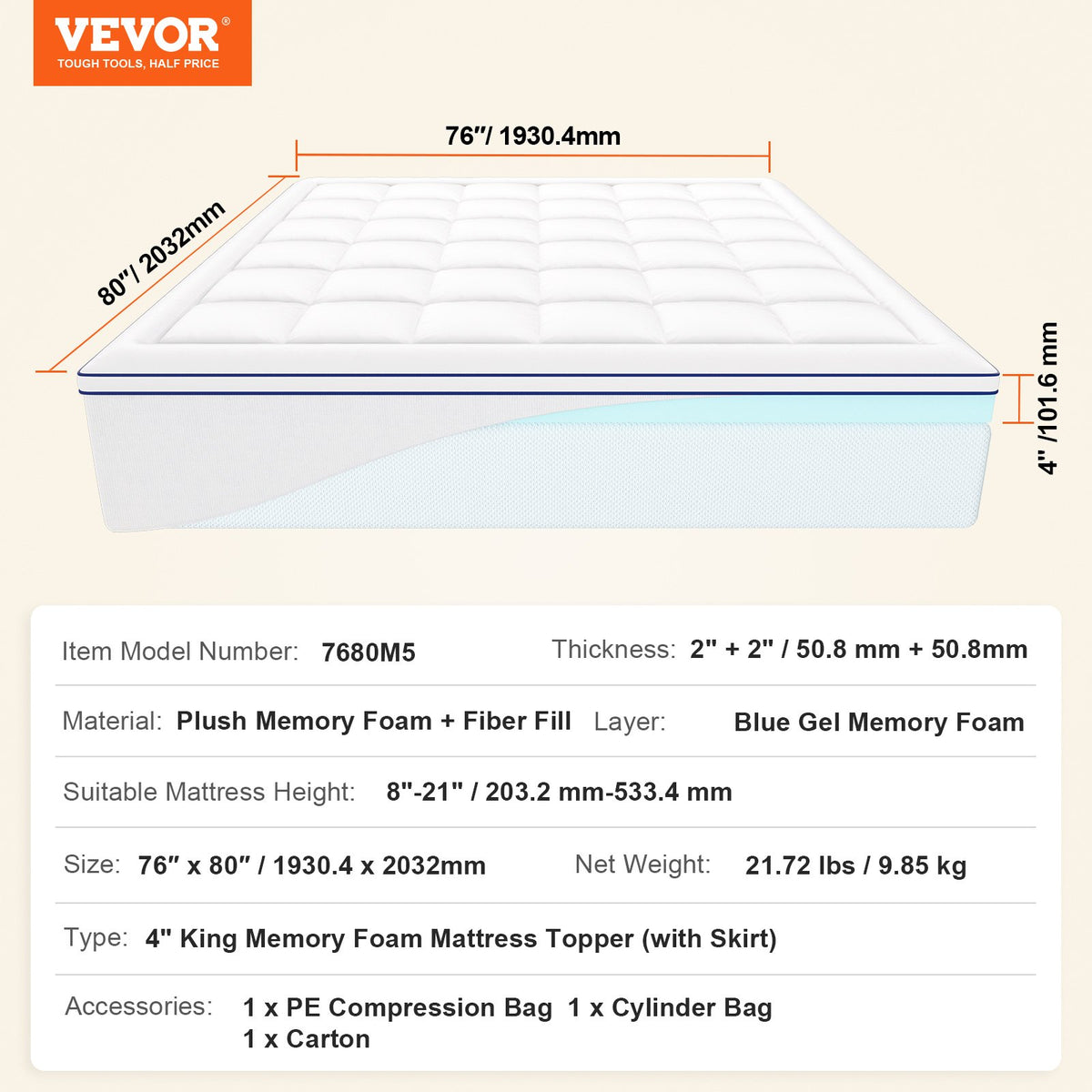 VEVOR Mattress Topper, King Size, 4 in Thickness, Memory Foam, Fiber Fill, Detachable & Washable, Ergonomically Designed for Pressure Relief, Comfortable Cooling & Breathable, Ideal for Hot Sleepers - DHYCDZ7680INM5WOQV0 - view 8