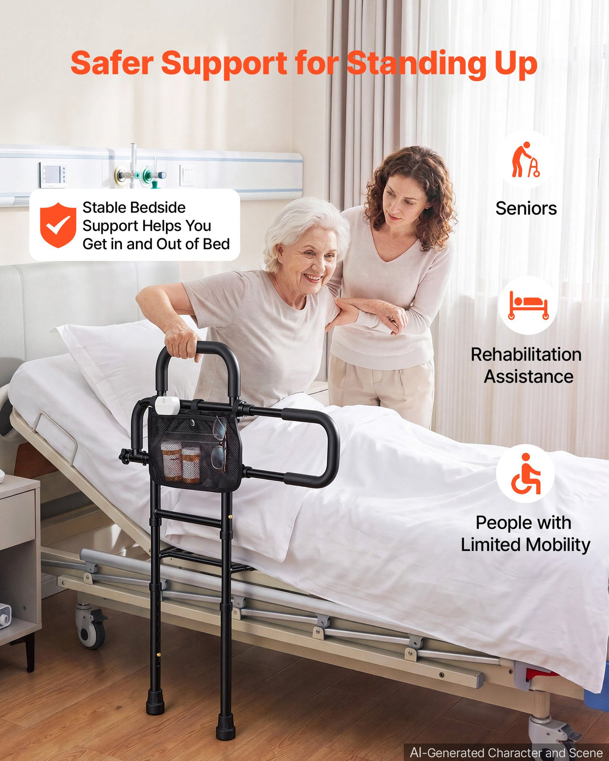VEVOR Bed Rails for Elderly Adults Bed Side Assist Rail with Floor Support, Motion Sensor LED Light, 300LBS Dual-Handle Support, Adjustable Handle Length, Storage Pocket, Fits King Queen Full Twin Bed - DJKCBSDJKBKZPIIR0001V9 - view 3