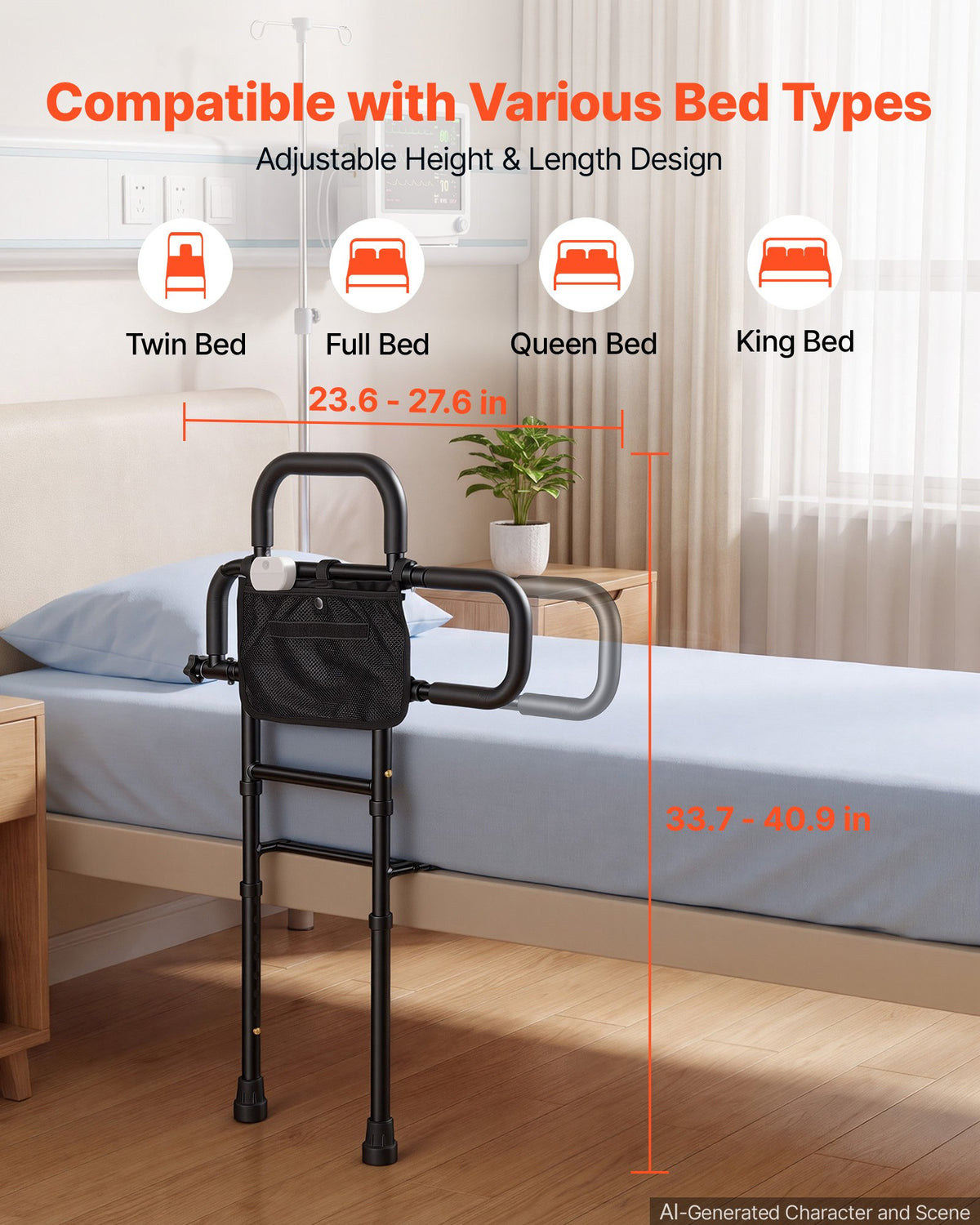 VEVOR Bed Rails for Elderly Adults Bed Side Assist Rail with Floor Support, Motion Sensor LED Light, 300LBS Dual-Handle Support, Adjustable Handle Length, Storage Pocket, Fits King Queen Full Twin Bed - DJKCBSDJKBKZPIIR0001V9 - view 5