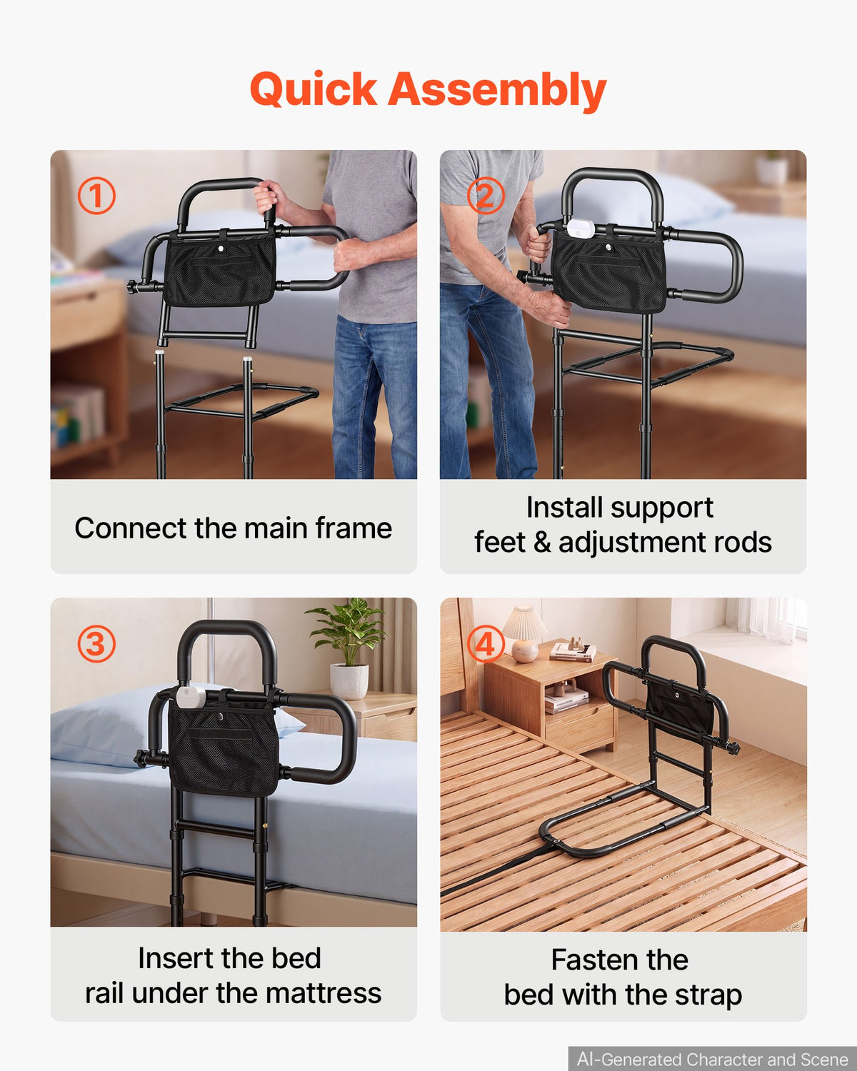 VEVOR Bed Rails for Elderly Adults Bed Side Assist Rail with Floor Support, Motion Sensor LED Light, 300LBS Dual-Handle Support, Adjustable Handle Length, Storage Pocket, Fits King Queen Full Twin Bed - DJKCBSDJKBKZPIIR0001V9 - view 7