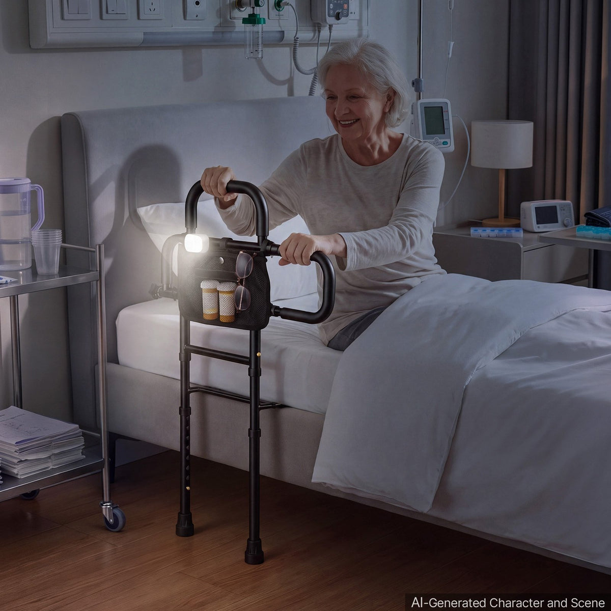 VEVOR Bed Rails for Elderly Adults Bed Side Assist Rail with Floor Support, Motion Sensor LED Light, 300LBS Dual-Handle Support, Adjustable Handle Length, Storage Pocket, Fits King Queen Full Twin Bed - DJKCBSDJKBKZPIIR0001V9 - view 9