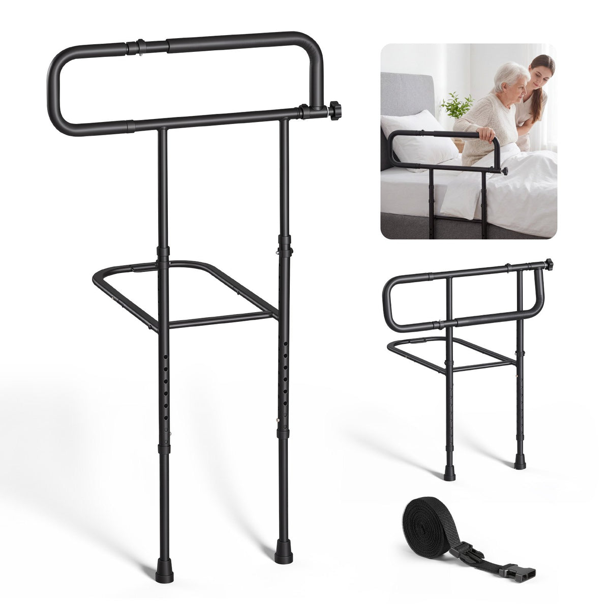 VEVOR Bed Rails for Elderly Adults Folding Bed Side Rail with Floor Support, Length & Height Adjustable, High-Strength Steel Bedside Assist Cane, Fits King Queen Full Twin Bed, 300LBS Strong Capacity - DJKCBSDJKSXZCAPMR001V0 - view 1