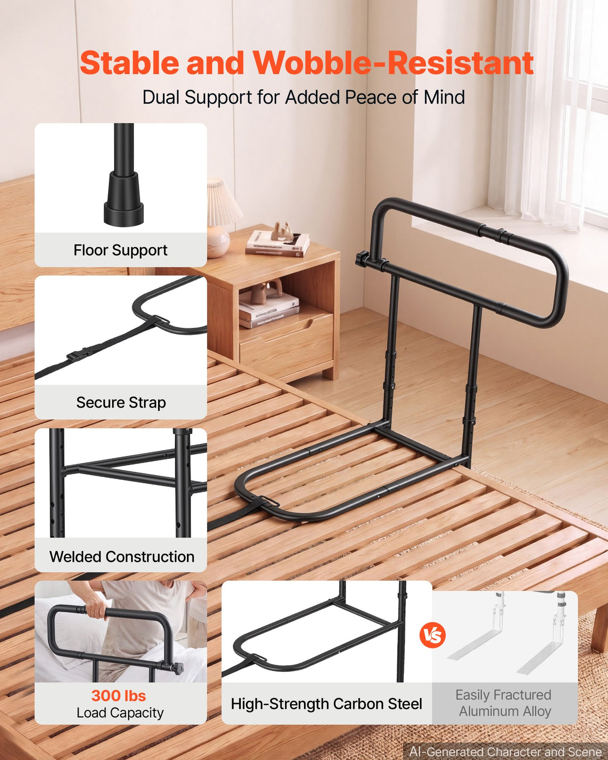 VEVOR Bed Rails for Elderly Adults Folding Bed Side Rail with Floor Support, Length & Height Adjustable, High-Strength Steel Bedside Assist Cane, Fits King Queen Full Twin Bed, 300LBS Strong Capacity - DJKCBSDJKSXZCAPMR001V0 - view 4