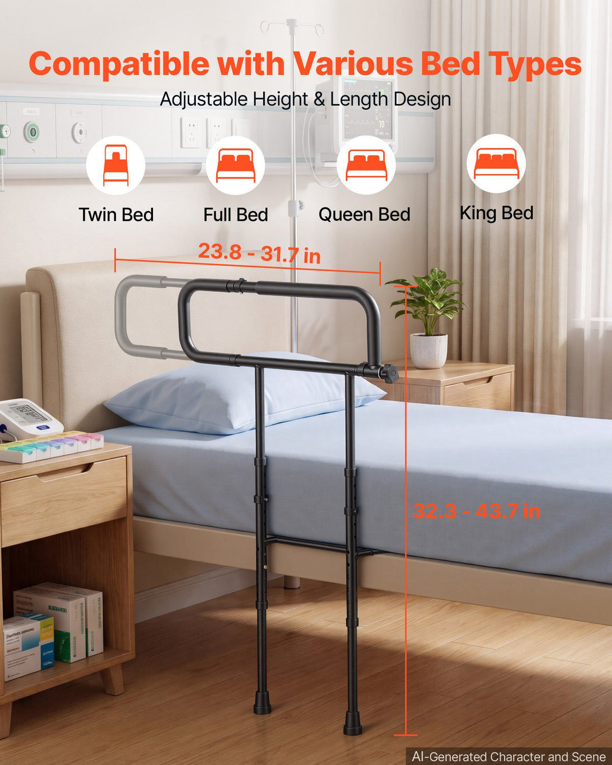 VEVOR Bed Rails for Elderly Adults Folding Bed Side Rail with Floor Support, Length & Height Adjustable, High-Strength Steel Bedside Assist Cane, Fits King Queen Full Twin Bed, 300LBS Strong Capacity - DJKCBSDJKSXZCAPMR001V0 - view 5