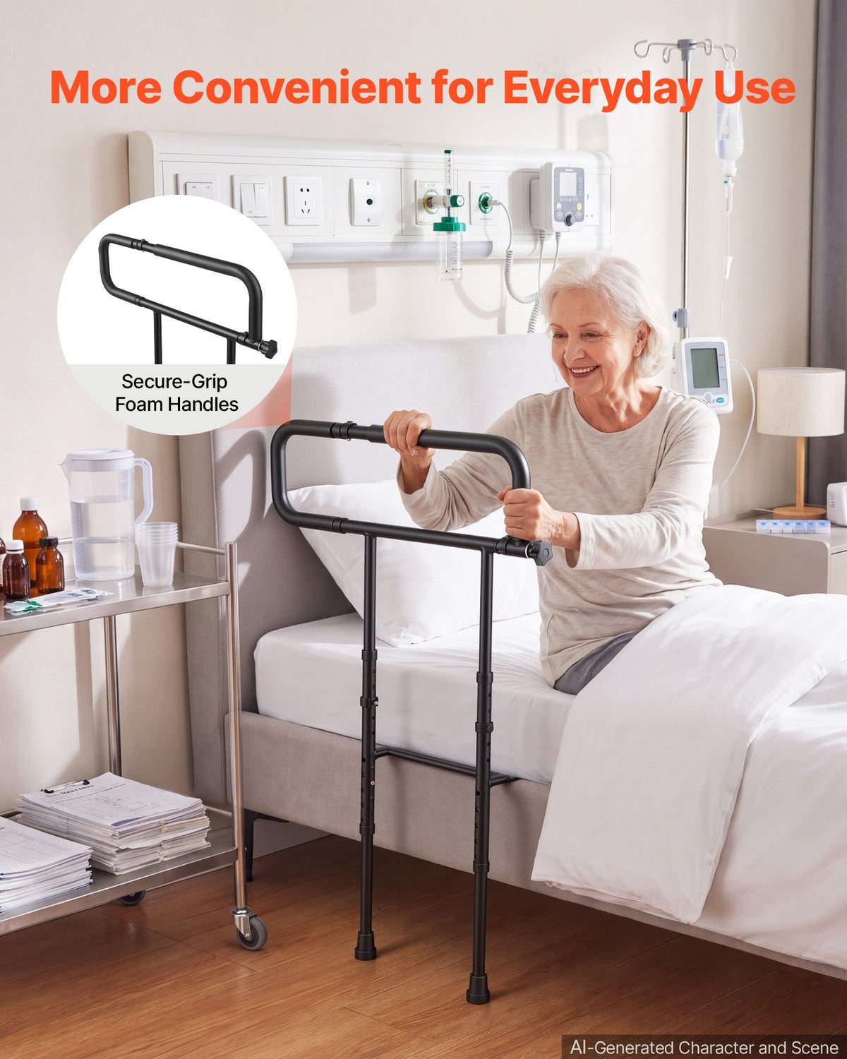VEVOR Bed Rails for Elderly Adults Folding Bed Side Rail with Floor Support, Length & Height Adjustable, High-Strength Steel Bedside Assist Cane, Fits King Queen Full Twin Bed, 300LBS Strong Capacity - DJKCBSDJKSXZCAPMR001V0 - view 7