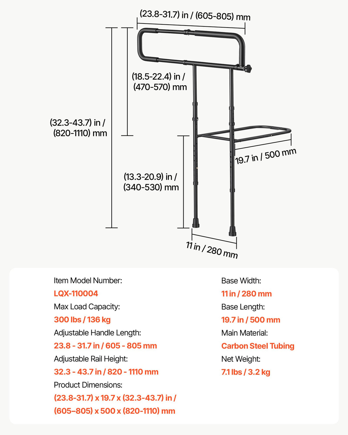 VEVOR Bed Rails for Elderly Adults Folding Bed Side Rail with Floor Support, Length & Height Adjustable, High-Strength Steel Bedside Assist Cane, Fits King Queen Full Twin Bed, 300LBS Strong Capacity - DJKCBSDJKSXZCAPMR001V0 - view 8