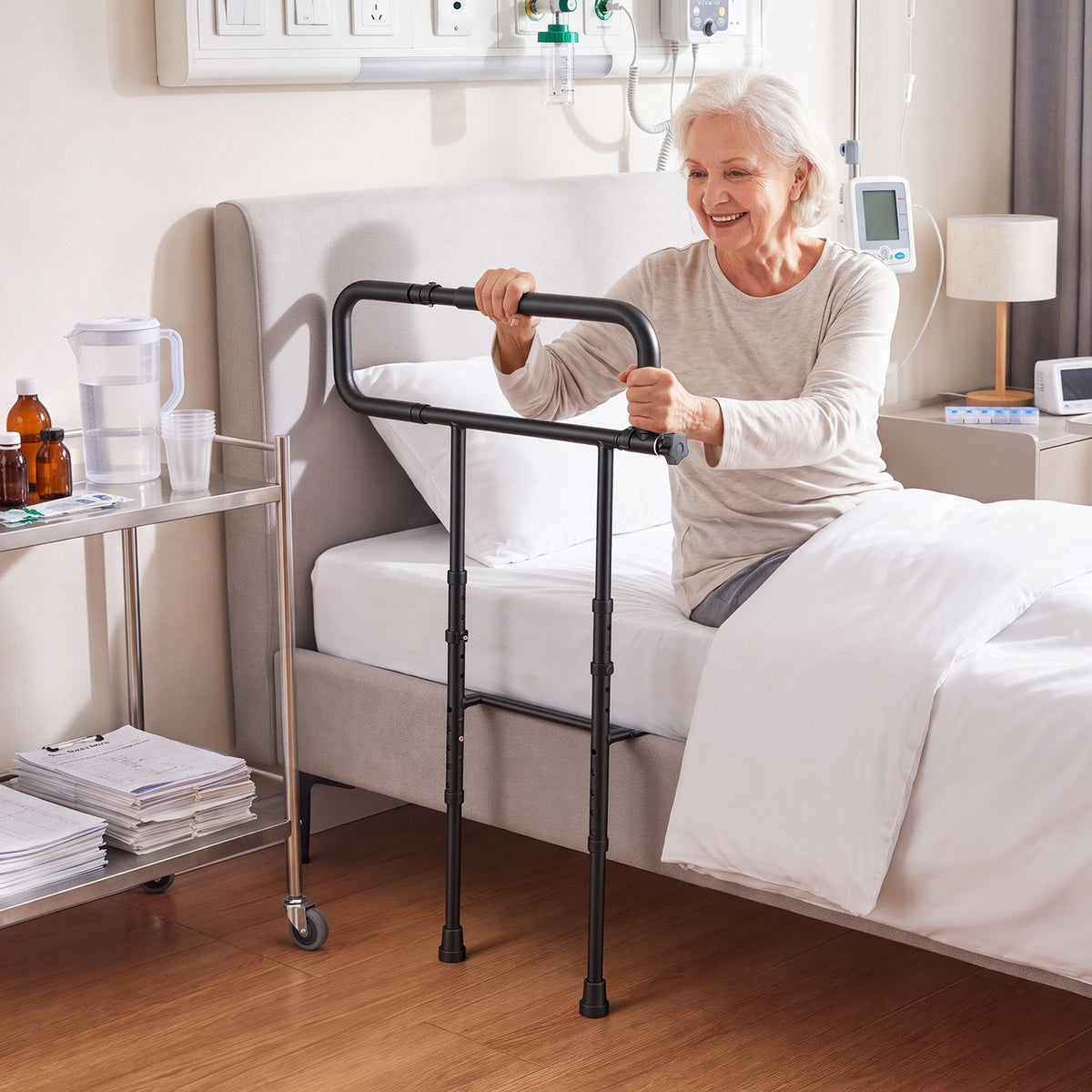 VEVOR Bed Rails for Elderly Adults Folding Bed Side Rail with Floor Support, Length & Height Adjustable, High-Strength Steel Bedside Assist Cane, Fits King Queen Full Twin Bed, 300LBS Strong Capacity - DJKCBSDJKSXZCAPMR001V0 - view 9