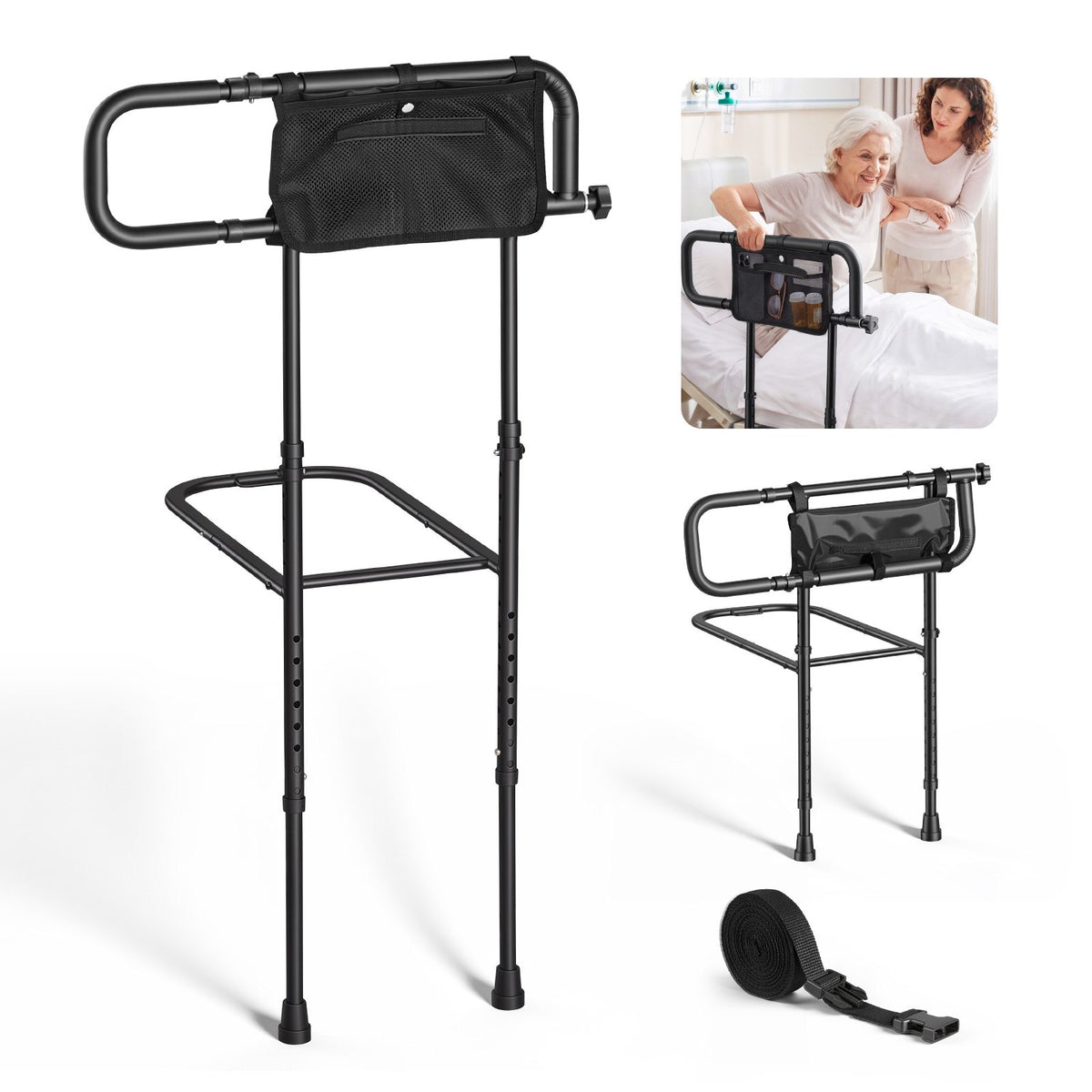 VEVOR Bed Rails for Elderly Adults Folding Bed Side Rail with Floor Support, Length & Height Adjustable, 300LBS Strong Capacity, Bedside Assist Cane with Storage Pocket, Fits King Queen Full Twin Bed - DJKCBSDJKSXZNOSJK001V0 - view 1
