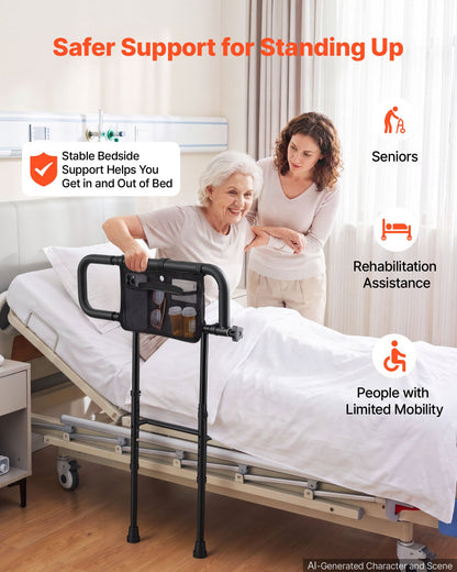 VEVOR Bed Rails for Elderly Adults Folding Bed Side Rail with Floor Support, Length & Height Adjustable, 300LBS Strong Capacity, Bedside Assist Cane with Storage Pocket, Fits King Queen Full Twin Bed - DJKCBSDJKSXZNOSJK001V0 - view 3