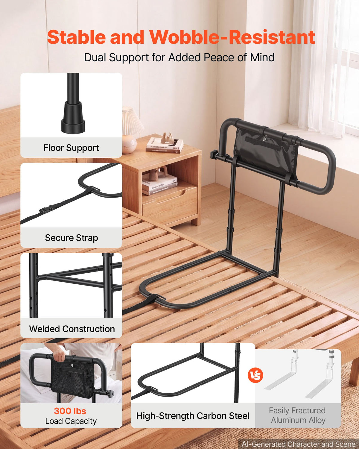 VEVOR Bed Rails for Elderly Adults Folding Bed Side Rail with Floor Support, Length & Height Adjustable, 300LBS Strong Capacity, Bedside Assist Cane with Storage Pocket, Fits King Queen Full Twin Bed - DJKCBSDJKSXZNOSJK001V0 - view 4