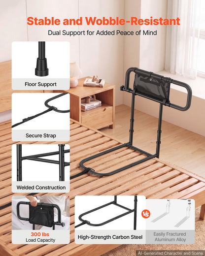 VEVOR Bed Rails for Elderly Adults Folding Bed Side Rail with Floor Support, Length & Height Adjustable, 300LBS Strong Capacity, Bedside Assist Cane with Storage Pocket, Fits King Queen Full Twin Bed - DJKCBSDJKSXZNOSJK001V0 - view 4