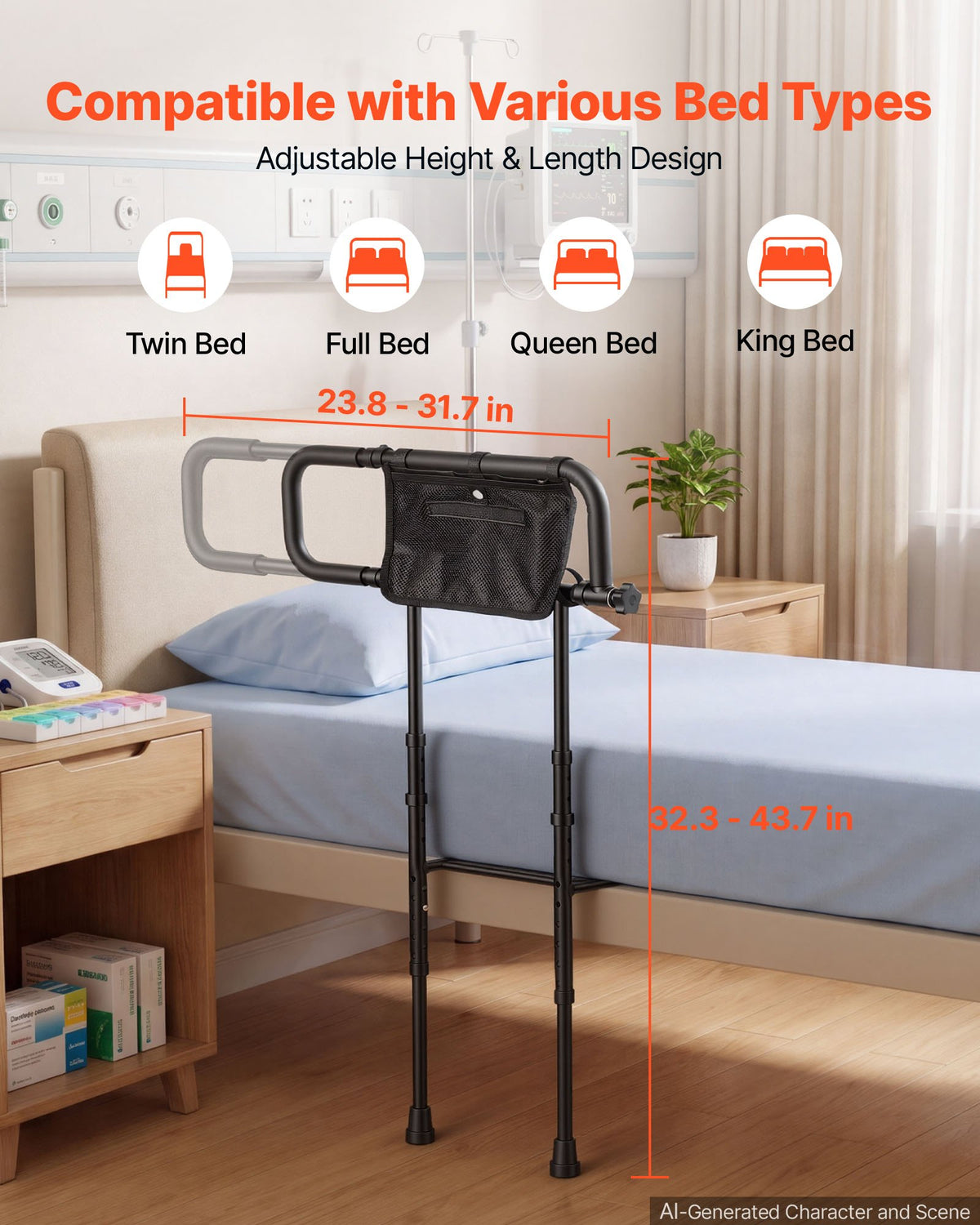VEVOR Bed Rails for Elderly Adults Folding Bed Side Rail with Floor Support, Length & Height Adjustable, 300LBS Strong Capacity, Bedside Assist Cane with Storage Pocket, Fits King Queen Full Twin Bed - DJKCBSDJKSXZNOSJK001V0 - view 5