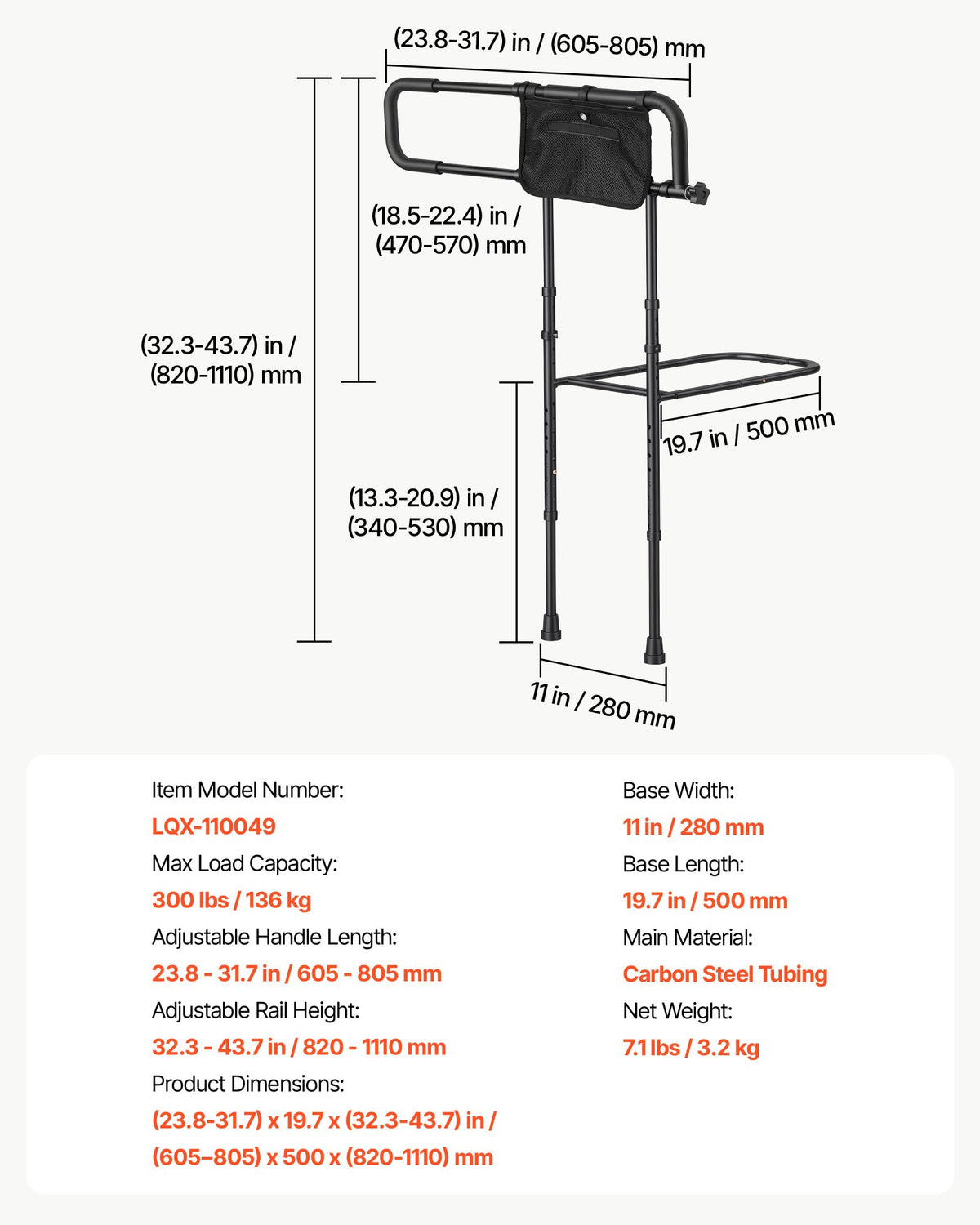 VEVOR Bed Rails for Elderly Adults Folding Bed Side Rail with Floor Support, Length & Height Adjustable, 300LBS Strong Capacity, Bedside Assist Cane with Storage Pocket, Fits King Queen Full Twin Bed - DJKCBSDJKSXZNOSJK001V0 - view 8