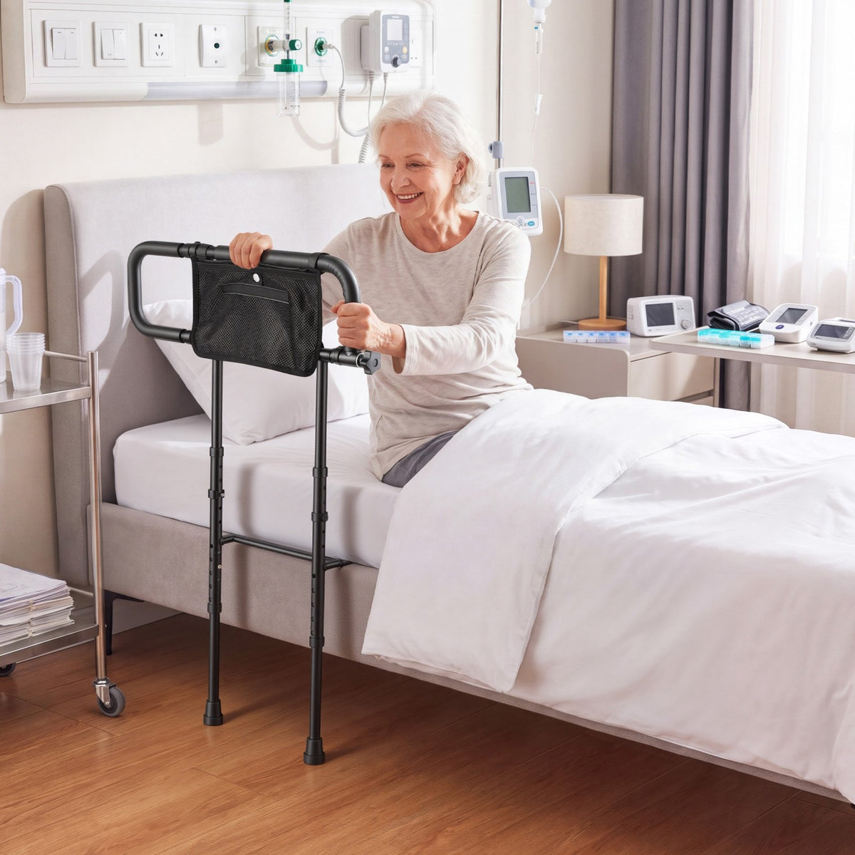 VEVOR Bed Rails for Elderly Adults Folding Bed Side Rail with Floor Support, Length & Height Adjustable, 300LBS Strong Capacity, Bedside Assist Cane with Storage Pocket, Fits King Queen Full Twin Bed - DJKCBSDJKSXZNOSJK001V0 - view 9