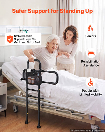 VEVOR Bed Rail for Elderly Adult Folding Bed Assist Rail with Floor Support, Motion Sensor LED Light, 300LBS Dual-Handle Support, Adjustable Handle Length, Storage Pocket, Fit King Queen Full Twin Bed - DJKCBSDJKSXZZJP21001V9 - view 3