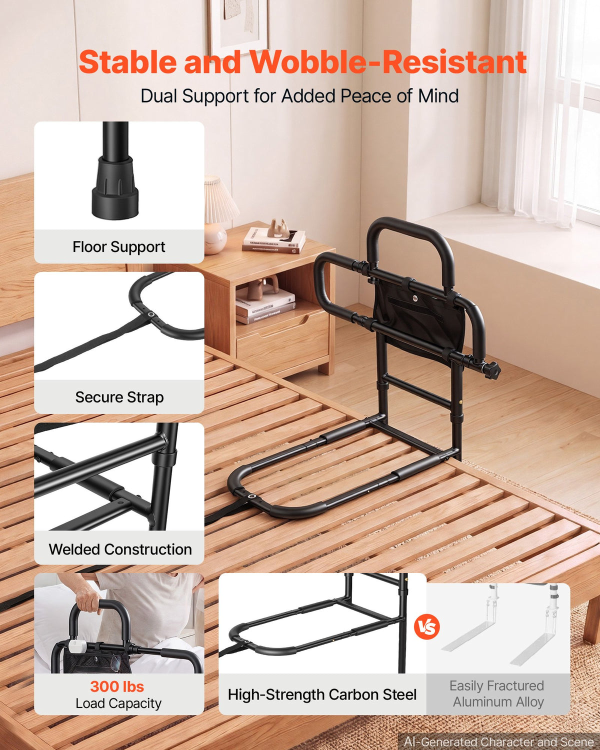VEVOR Bed Rail for Elderly Adult Folding Bed Assist Rail with Floor Support, Motion Sensor LED Light, 300LBS Dual-Handle Support, Adjustable Handle Length, Storage Pocket, Fit King Queen Full Twin Bed - DJKCBSDJKSXZZJP21001V9 - view 4
