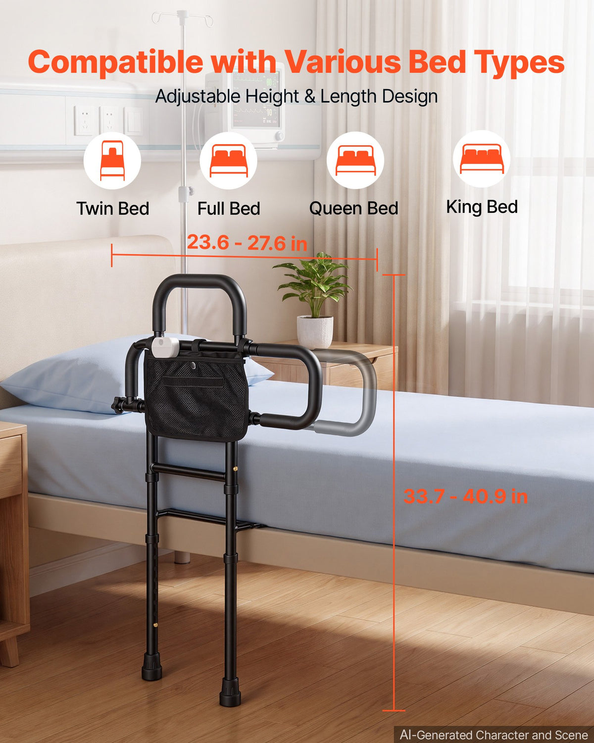 VEVOR Bed Rail for Elderly Adult Folding Bed Assist Rail with Floor Support, Motion Sensor LED Light, 300LBS Dual-Handle Support, Adjustable Handle Length, Storage Pocket, Fit King Queen Full Twin Bed - DJKCBSDJKSXZZJP21001V9 - view 5
