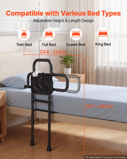 VEVOR Bed Rail for Elderly Adult Folding Bed Assist Rail with Floor Support, Motion Sensor LED Light, 300LBS Dual-Handle Support, Adjustable Handle Length, Storage Pocket, Fit King Queen Full Twin Bed - DJKCBSDJKSXZZJP21001V9 - view 5